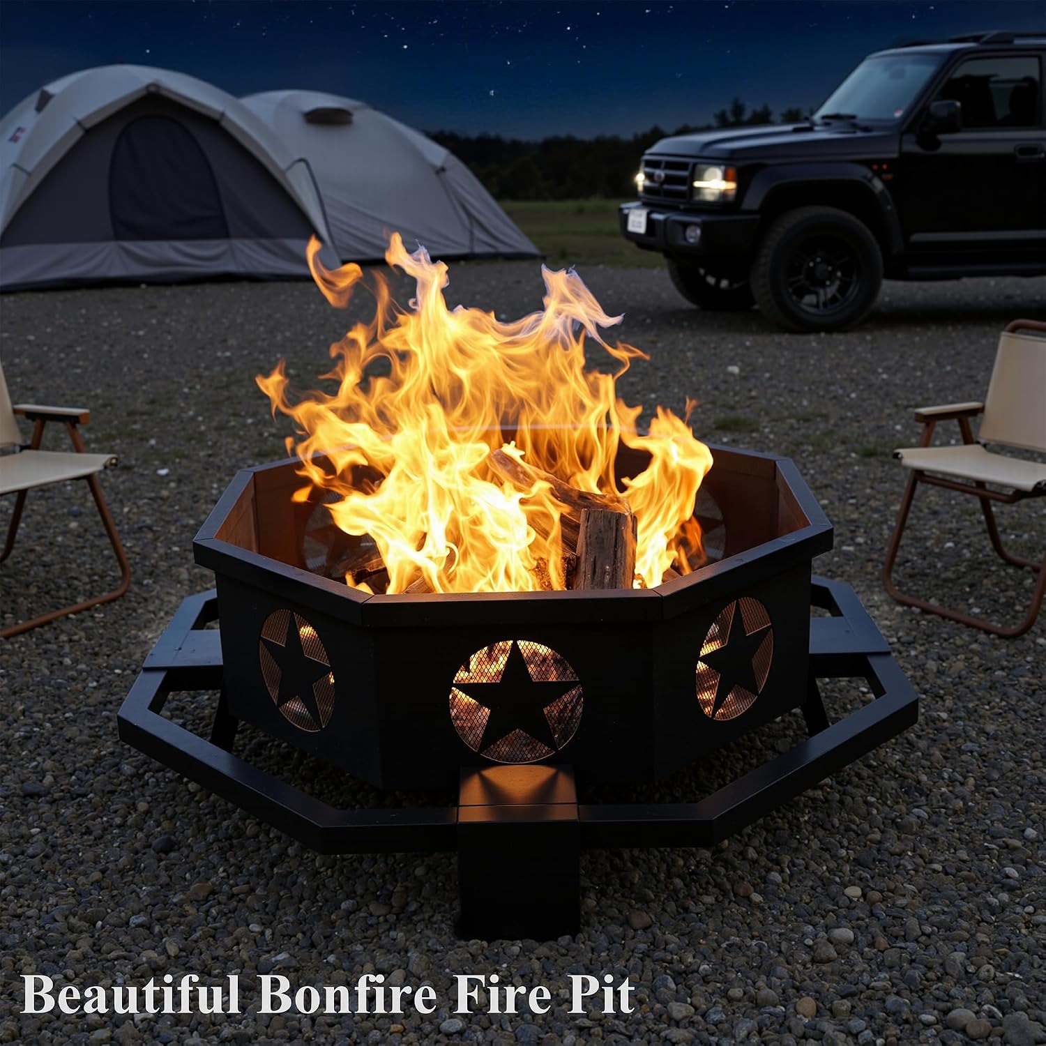 43 Inch Octagonal Fire Pit for Outside, Outdoor Wood Burning Firepit for Bonfire Patio Backyard Camping, Black