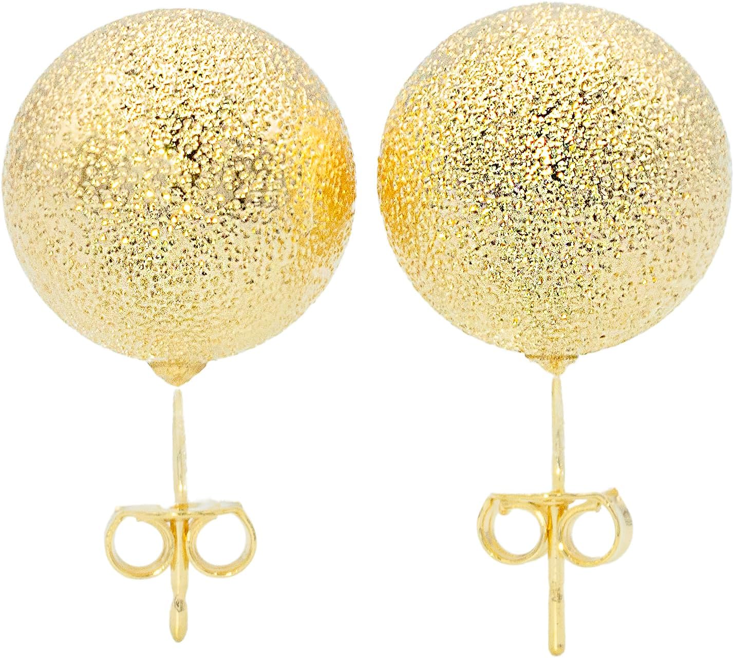 14mm Brushed Satin Textured Sandblasted Gold Round Ball Stud Earrings for Women, 18k Yellow Gold Filled Plated