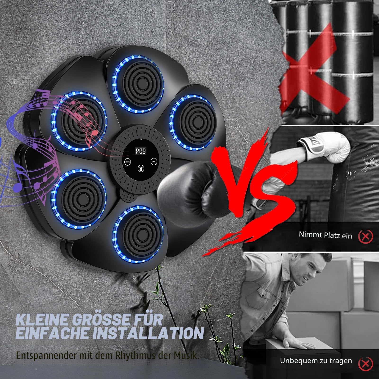 Musikboxmaschine für Erwachsene Kinder, Bluetooth Wandmontierte Stanzmaschine, 9 Geschwindigkeitsmodi & LED, Smart Musical Boxing Machine, für Heimgebrauch Übung Indoor und Gym
