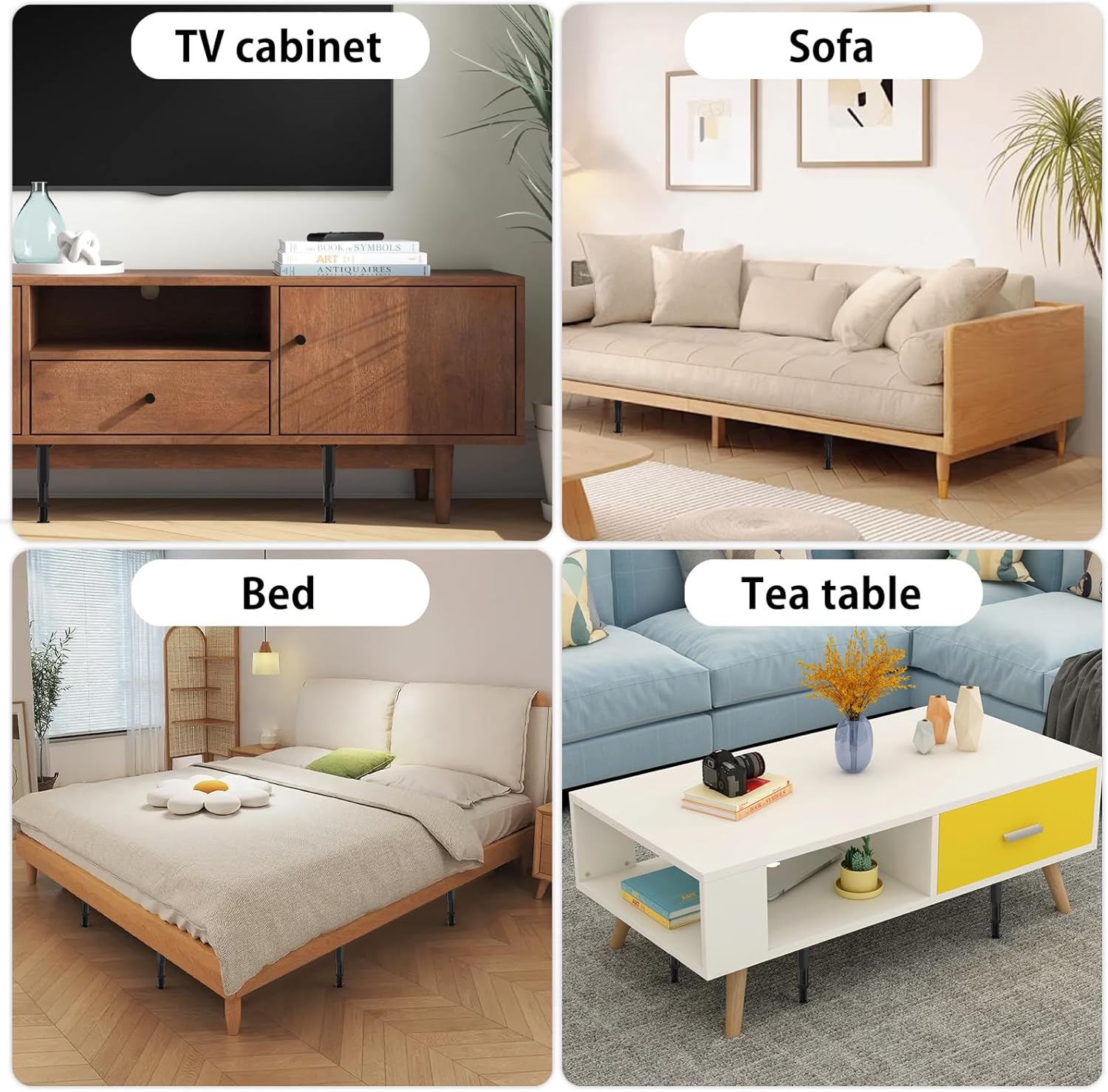 woiron 4Pcs 8.3-14.5 Inch Adjustable Bed Frame Support Legs, Frame Center Slats Heavy Support Leg, for Frame/Sofa/Dresser/Table, Legs Furniture Replacement Parts, Easy Install, Black Plastic