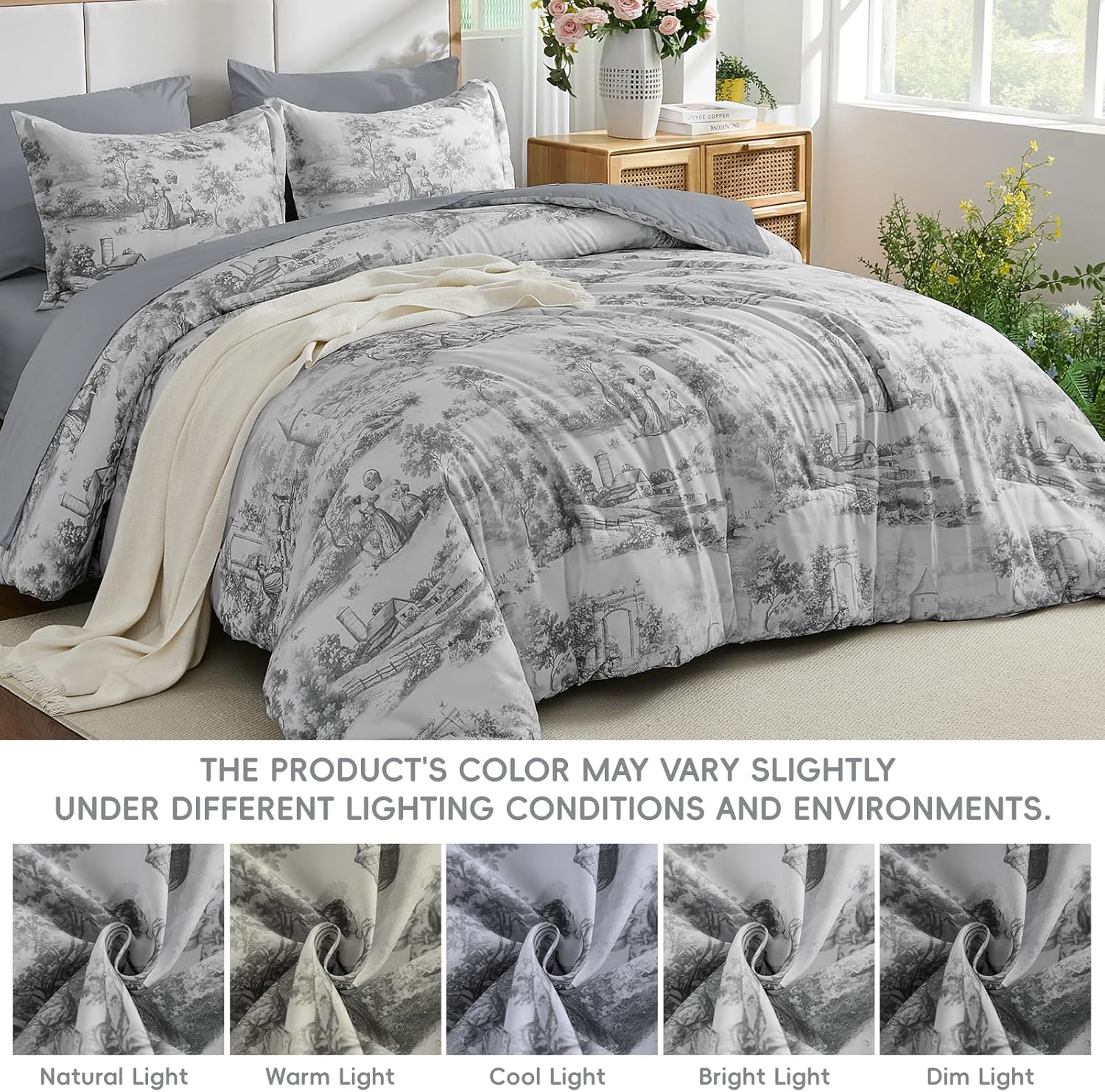 Grey Queen Comforter Set, 7 Pieces Bed in a Bag French Toile Comforter with Sheets, Soft Lightweight Microfiber Botanical Complete Queen Size Bedding Set for All Season
