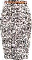 Kate Kasin Women's Tweed Pencil Skirt Knee Length High Waisted with Slit & Belt - Elegant Business Casual Fit