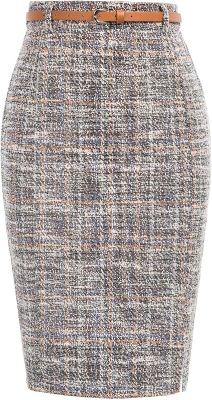 Kate Kasin Women Tweed Pencil Skirt, Knee Length Skirts with Slit | Dressy Formal Skirt with Belt, Back Zip, Slim Fit, Business Casual Outfit, Work Office