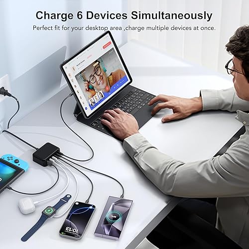 Miniatura 5 de Cargador USB C 100 W GaN 6 puertos PD USB C y QC USB A cargador de pared cubo de enchufe estación de carga súper rápida tipo C Hub para iPhone 14 13
