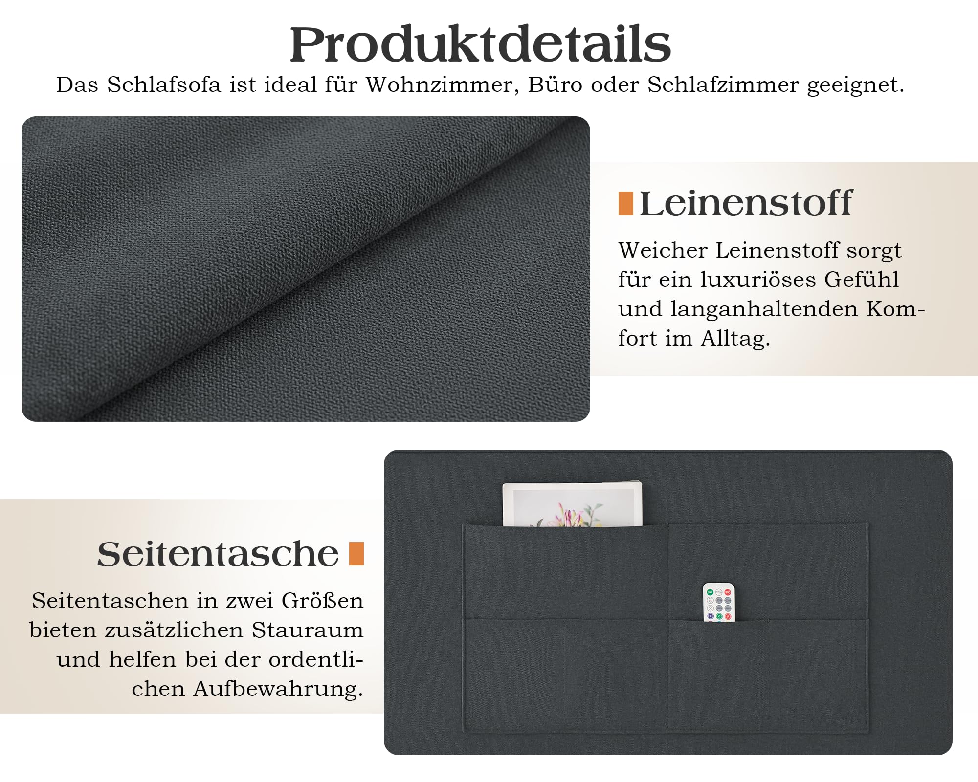 LUXOAK Schlafsofa 186 x 122 cm mit 5-stufig Verstellbarer Rückenlehne, 3-in-1 Schlafcouch mit Kissen und Seitentasche, graues Leinen-Sofa für Gästezimmer & kleine Räume