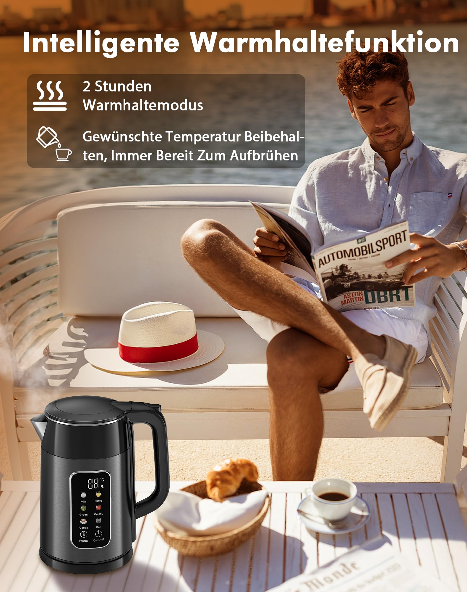 Wasserkocher mit Temperatureinstellung 1,7L 2200W Edelstahl Wasserkocher Schwarz mit 6 Temperaturstufen, Farbdisplay, 2H Warmhaltefunktion, Elektrisch Teekocher Doppelwand BPA frei für Büro Haushalt