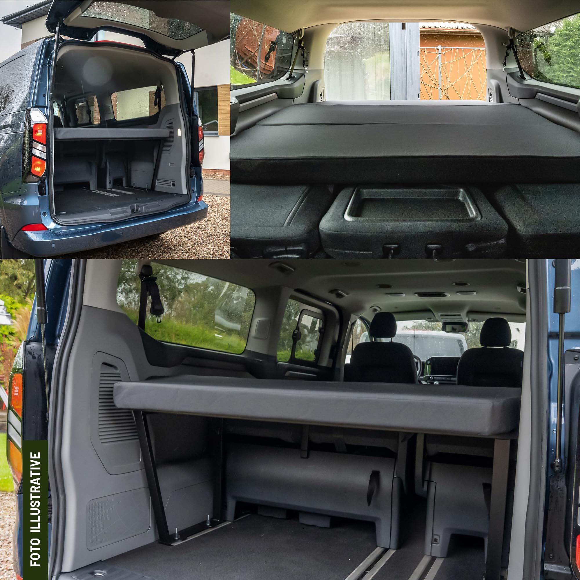 CHROMEMASTER Compatibile con Ford Tourneo Custom II 2023+; Set: Letto Pieghevole per Auto e Materasso per Auto, Materasso Pieghevole; Prolunga del Letto Multiflexboard, Tavolo; Accessori per il Camper