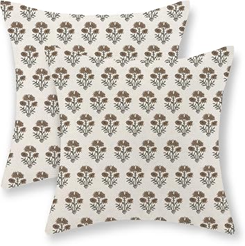 Floral Pillow Covers 18x18 Set of 2 Block Print Brown Flower Throw Pillow Covers Outdoor Decoration Vintage Boho Floral Pillowcase Farmhouse Decorative Square Cushion Case for Home Couch Sofa