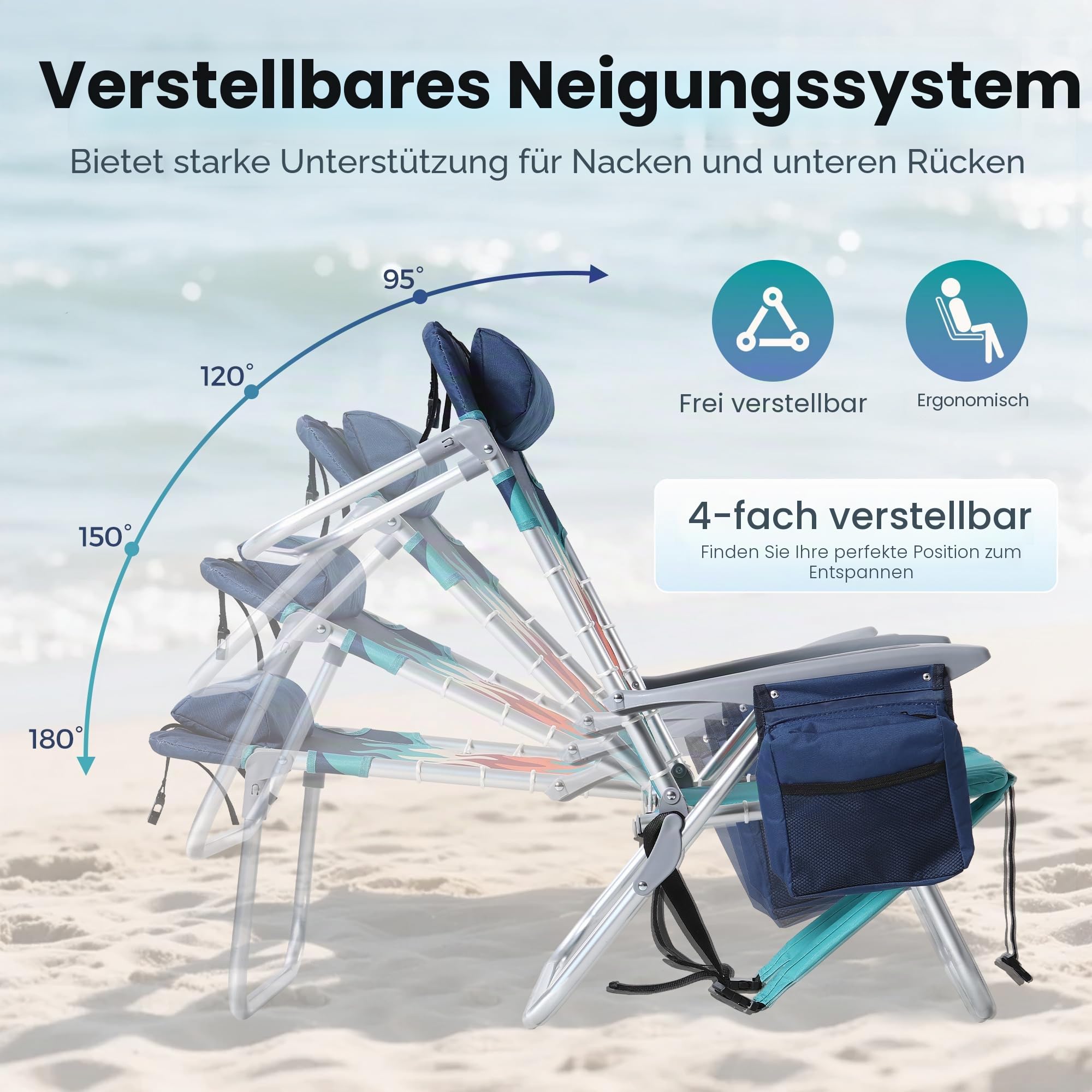 HIGH Point Sports Klappbarer Rucksack Strandstuhl-Set aus 2 STK Blau | Leichter Tragbarer Liegestuhl mit 250kg Tragfähigkeit, Campingstühle mit 4 Positionen für Erwachsene