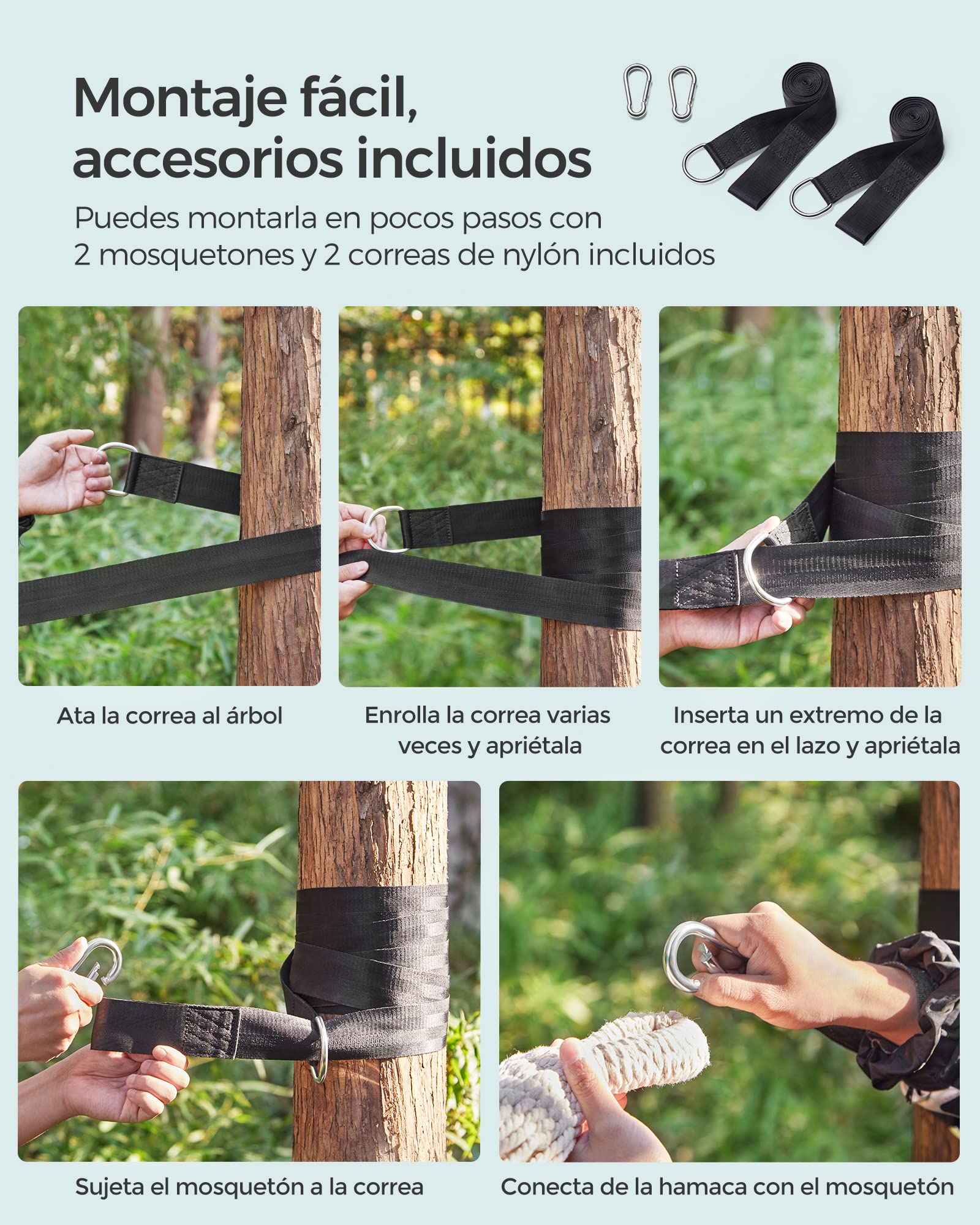 SONGMICS Hamaca, 210 x 150 cm, Hamaca Doble, Carga de 300 kg, para Jardín, Terraza, Balcón, al Aire Libre, Camping, Bolsa de Transporte, Correas de Fijación y Mosquetones, Beige GDC15M