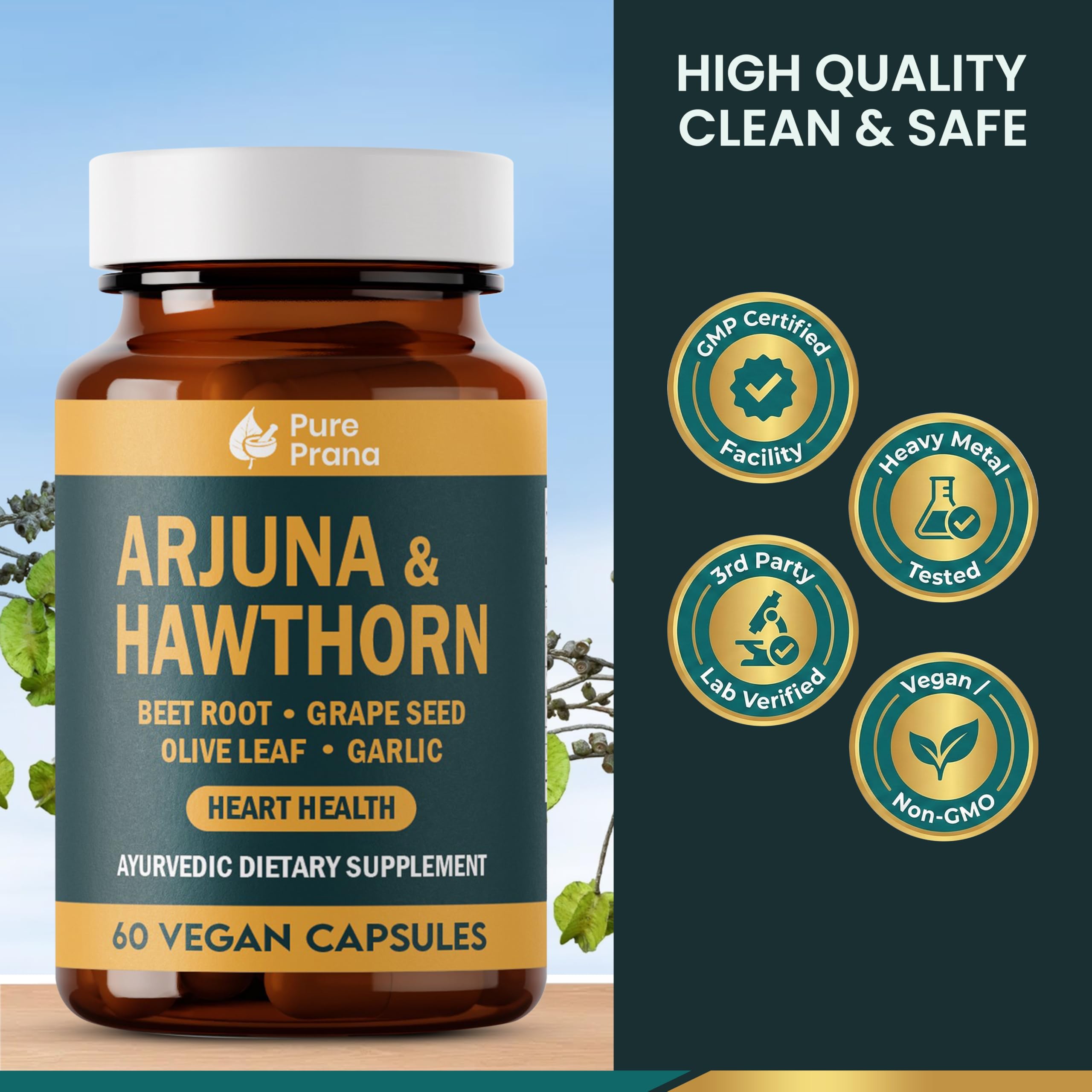 Pure Prana Arjuna & Hawthorn Heart Health Supplement with CoQ10, Beet Root, Grape Seed & Olive Leaf for Cardiovascular Support & Blood Pressure Balance, Vegan Capsules - 60 Capsules — Amazon image 2