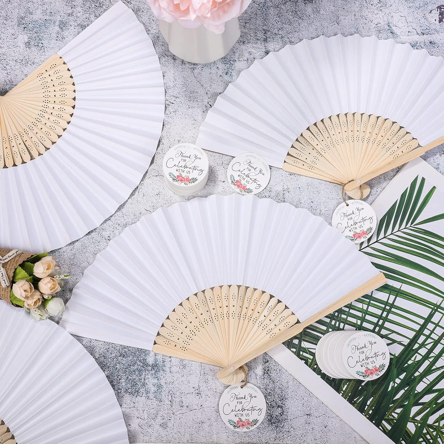 MCEAST 120 Pack White Wedding Folding Fans Bamboo Handheld Paper Fan Wedding Hand Fan with Tags and Jute String Fun DIY Wedding Favors for Guests, Party and Home Decoration