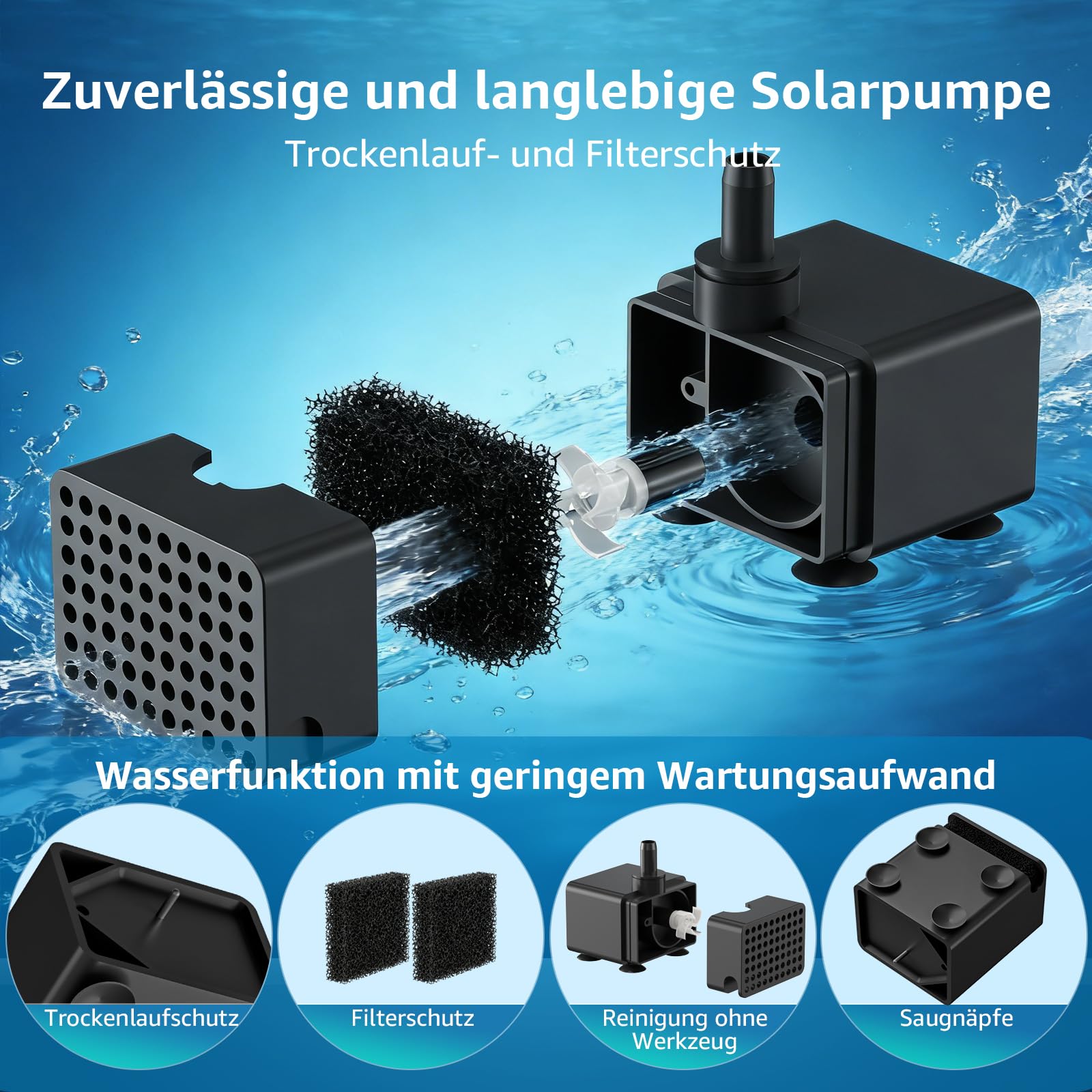 Solarvogelbrunnenpumpe, 7.5W Außen-Solarwasserpumpe mit 7+ Sprühmodi & 1.5m Schlauch, DIY Solarpumpe für Garten, Teiche, Pools und Aquarien - 4