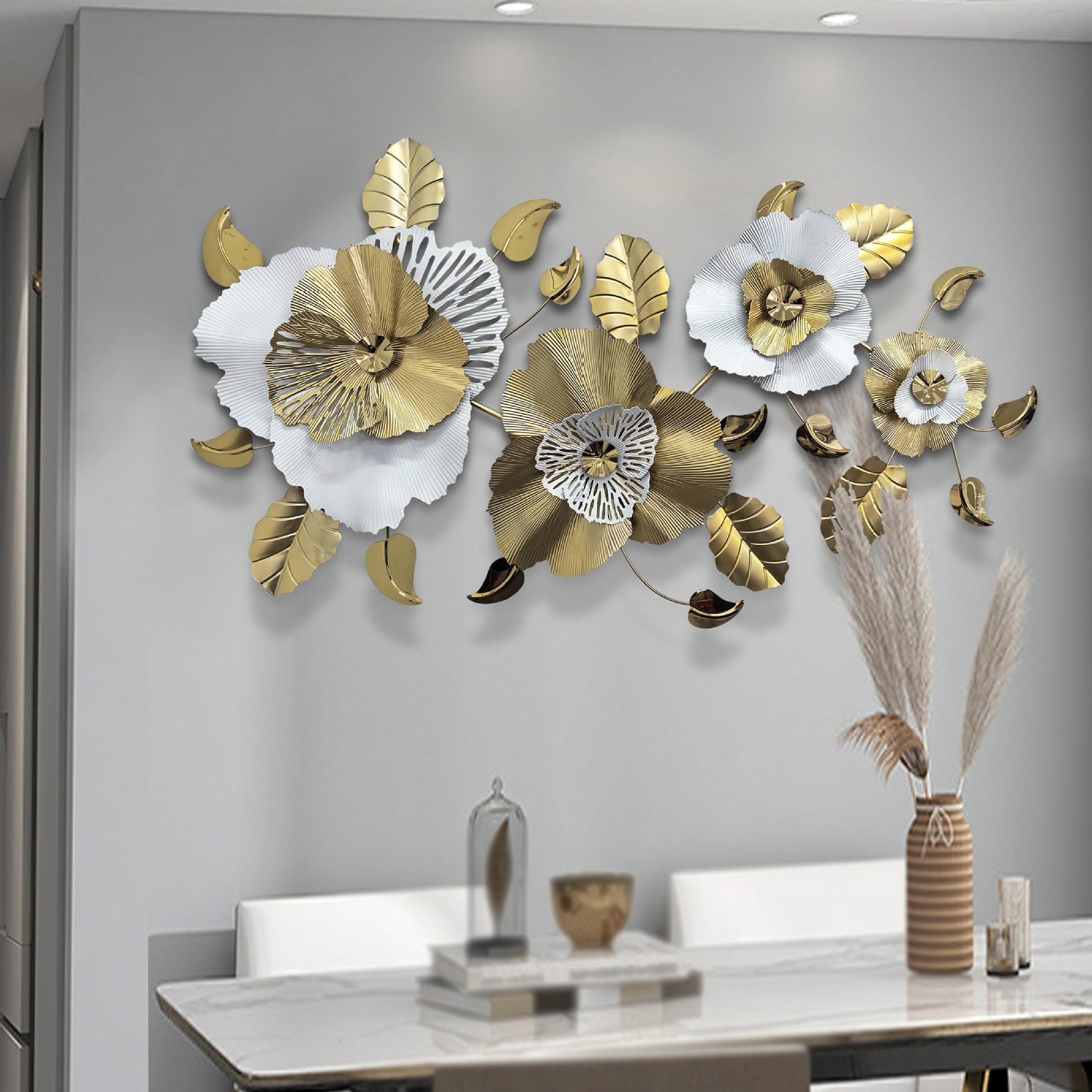 Vnook Grande Decorazione da Parete Floreale in Metallo 3D - Scultura Floreale Stereo, Ornamento Artistico da Appendere for Soggiorno, Sala da Pranzo, Camera da Letto