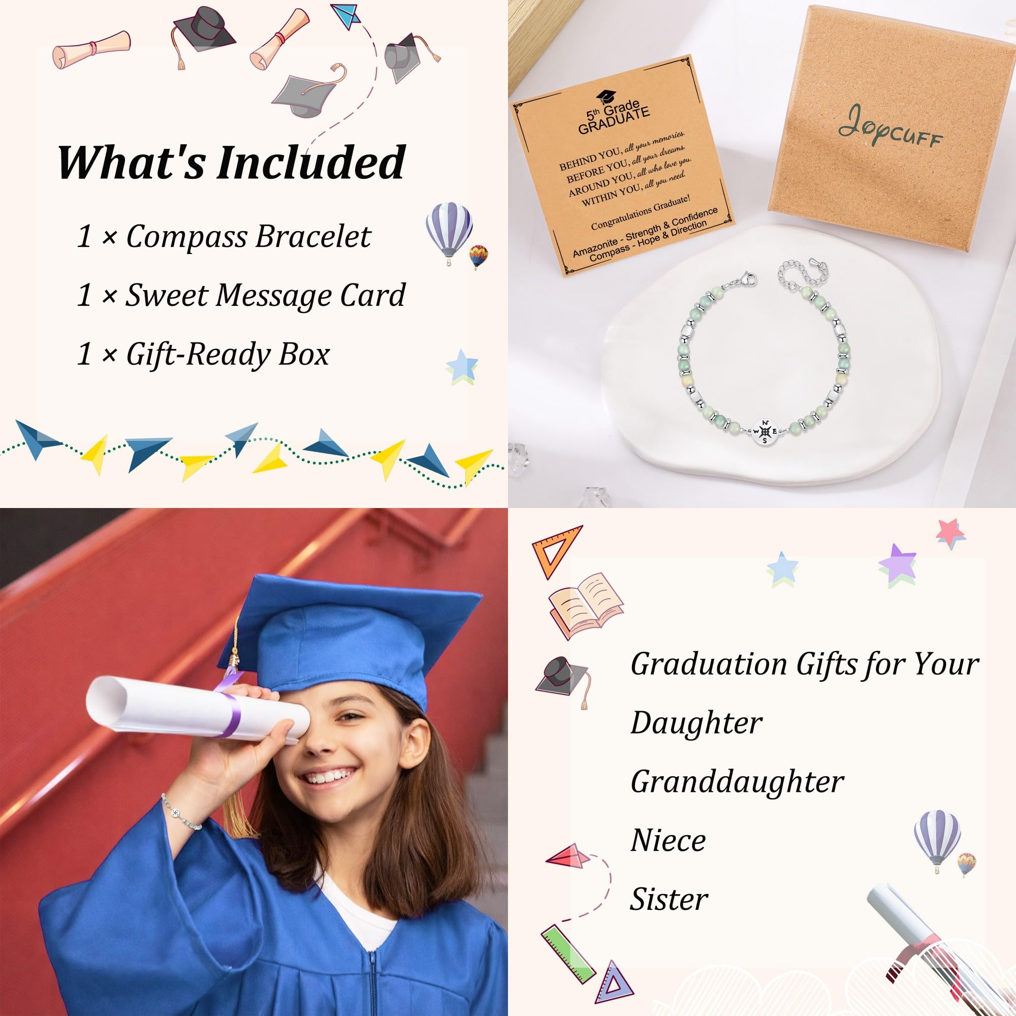 JoycuFF Graduation Gifts for Her Class of 2026 College High School 5th 8th Grade Preschool College Middle School Teen Girls Graduation Gifts The Adventure Begins Compass Bracelets for Women