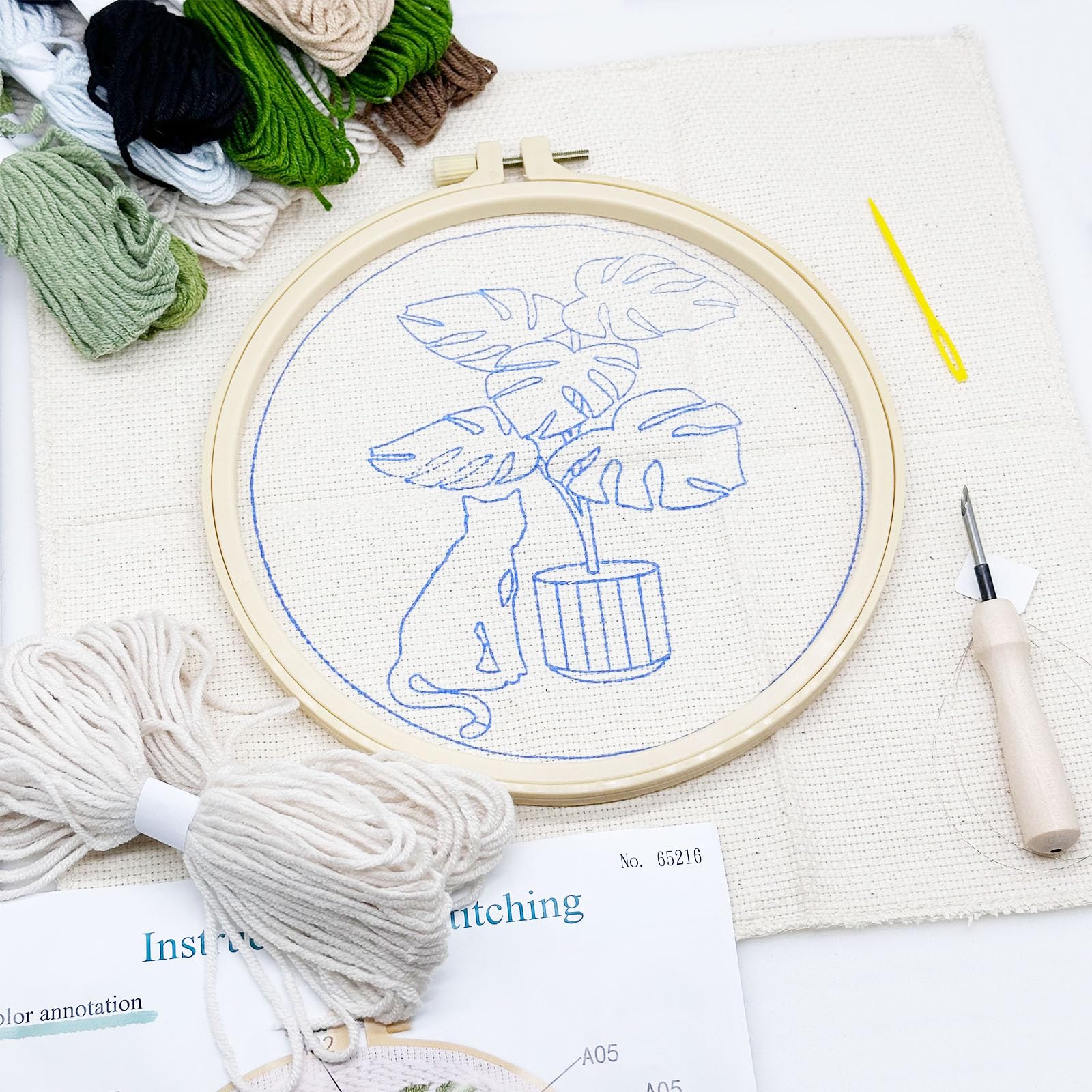 Allazone 3 Pz Punch Needle Kit Ricamo Starter Kit, Kit Completo per Ricamo con Piante e Gatti Motivo e Lstruzioni, Set da Ricamo per Principianti e Adulti