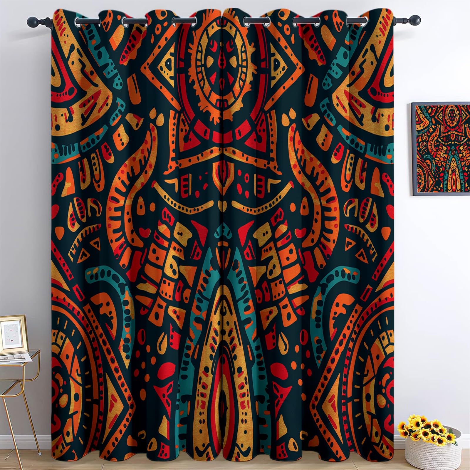 Lot De 2 Rideau Occultant Style Ethnique Graffiti Art Africain, Rideaux Opaques Isolants Thermiques À Oeillets, Draperies Intérieurs Salon pour Chambre Enfant, L140 x H160 cm