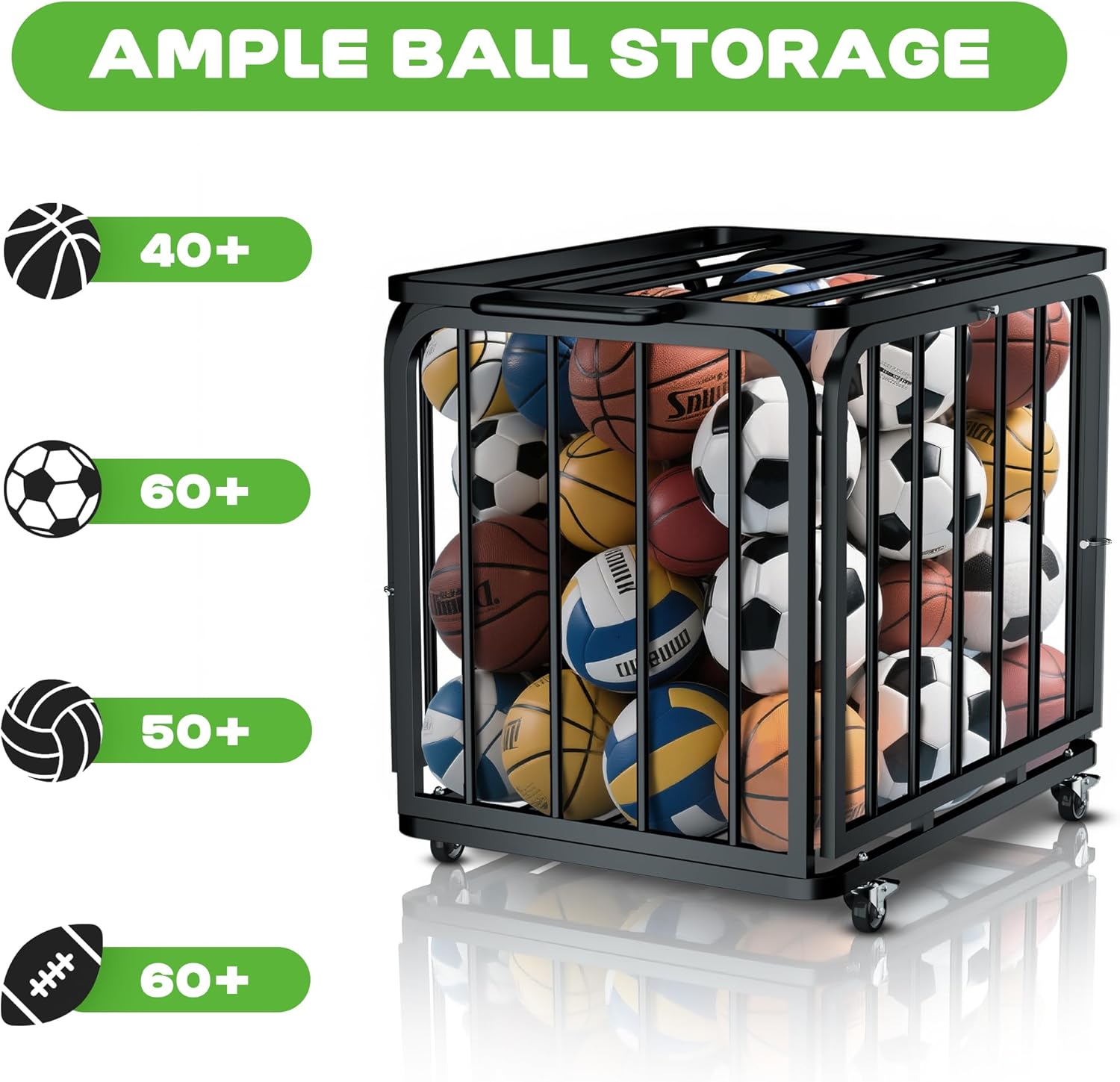 MR Foldable Ball Cart with Wheels, Heavy-Duty Ball Cage Garage Sports Equipment Organizer, Collapsible Metal Rolling Multi Sports Ball Storage for Gym, Lockable Lid, Indoor and Outdoor - Image 3