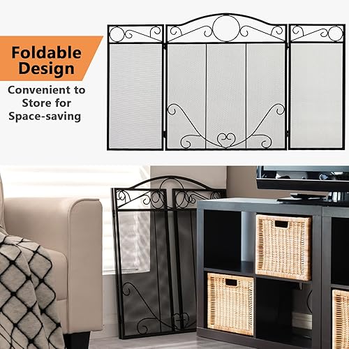 Miniatura 3 de Tangkula Pantalla plegable de 3 paneles para chimenea, valla de protección contra chispas de hierro forjado, cubierta de malla metálica de 48.5 x 29
