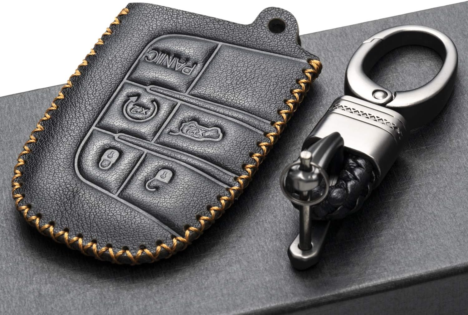 Vitodeco Genuine Leather Smart Key Keyless Remote Entry Fob Case Cover with Key Chain for JEEP, Dodge, Chrysler (5 Buttons, Black)