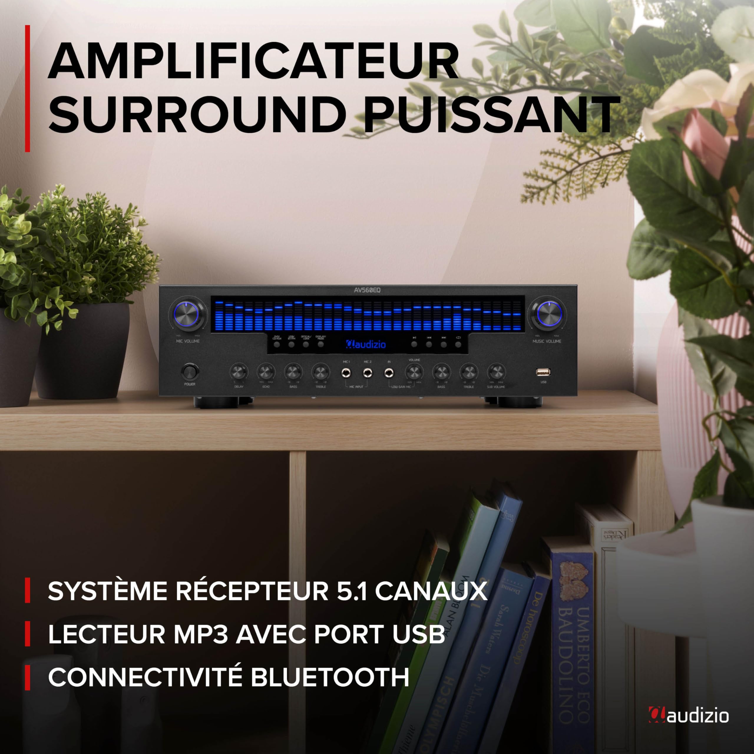 Audizio AV560EQ - Amplificateur Home Cinema 5.1 390 W avec Bluetooth, USB, FM, Karaoké & Entrées Numériques