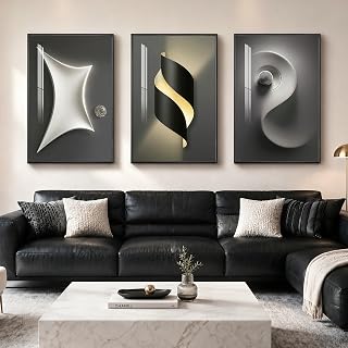 Metal Framed Modern Black and White Abstract Wall Art, Set of 3 24x36 Inch | Easy-clean crystal porcelain finish, charcoal and ivory modern abstract framed wall art, luxury living room and bedroom decor