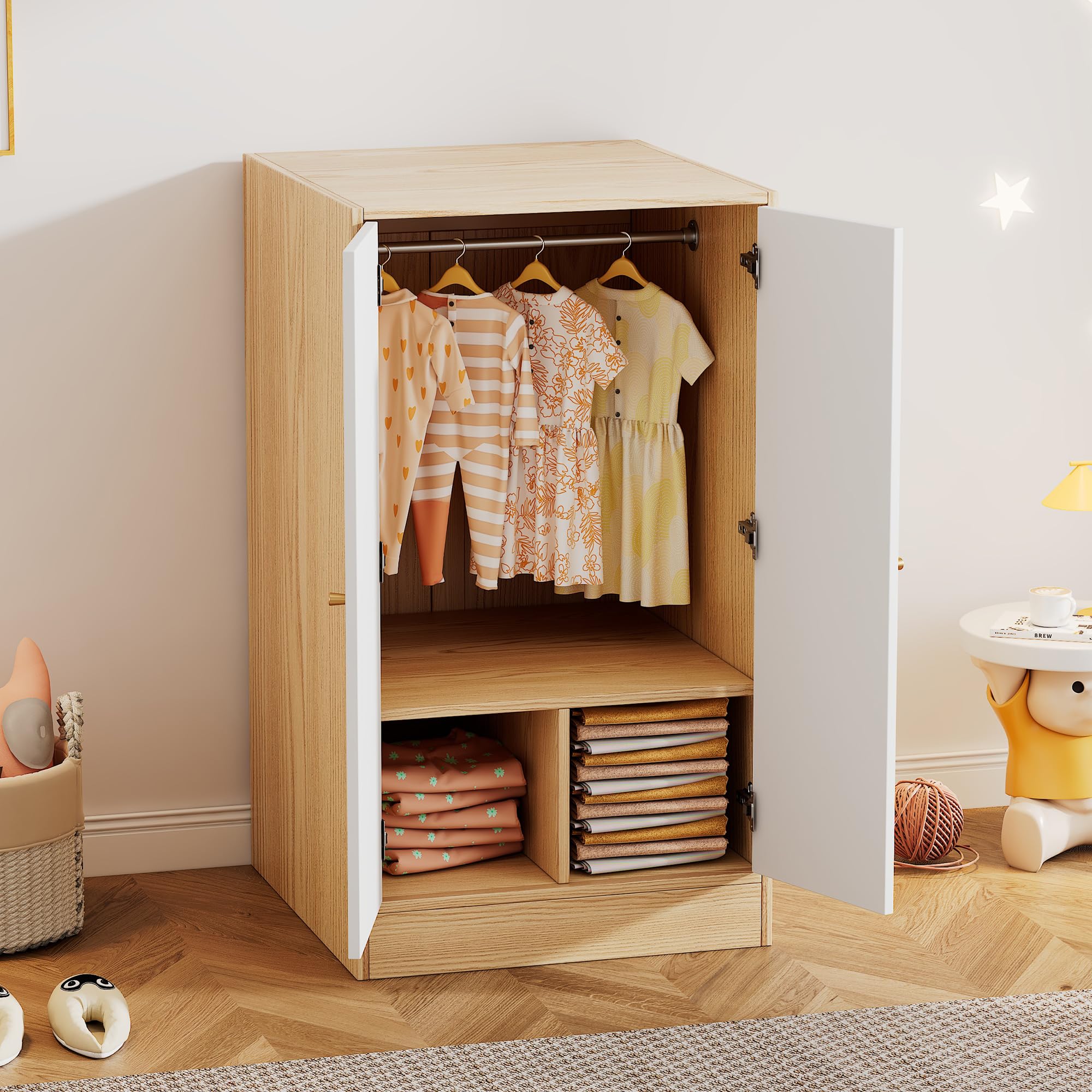 Dalred Kleiner Kleiderschrank mit Stange, 2-türiger Kleiderschrank, 2 Fächer, Schlafzimmer, Wohnzimmer, Kinderkleiderschrank, MDF Küche, Haushalt & Wohnen