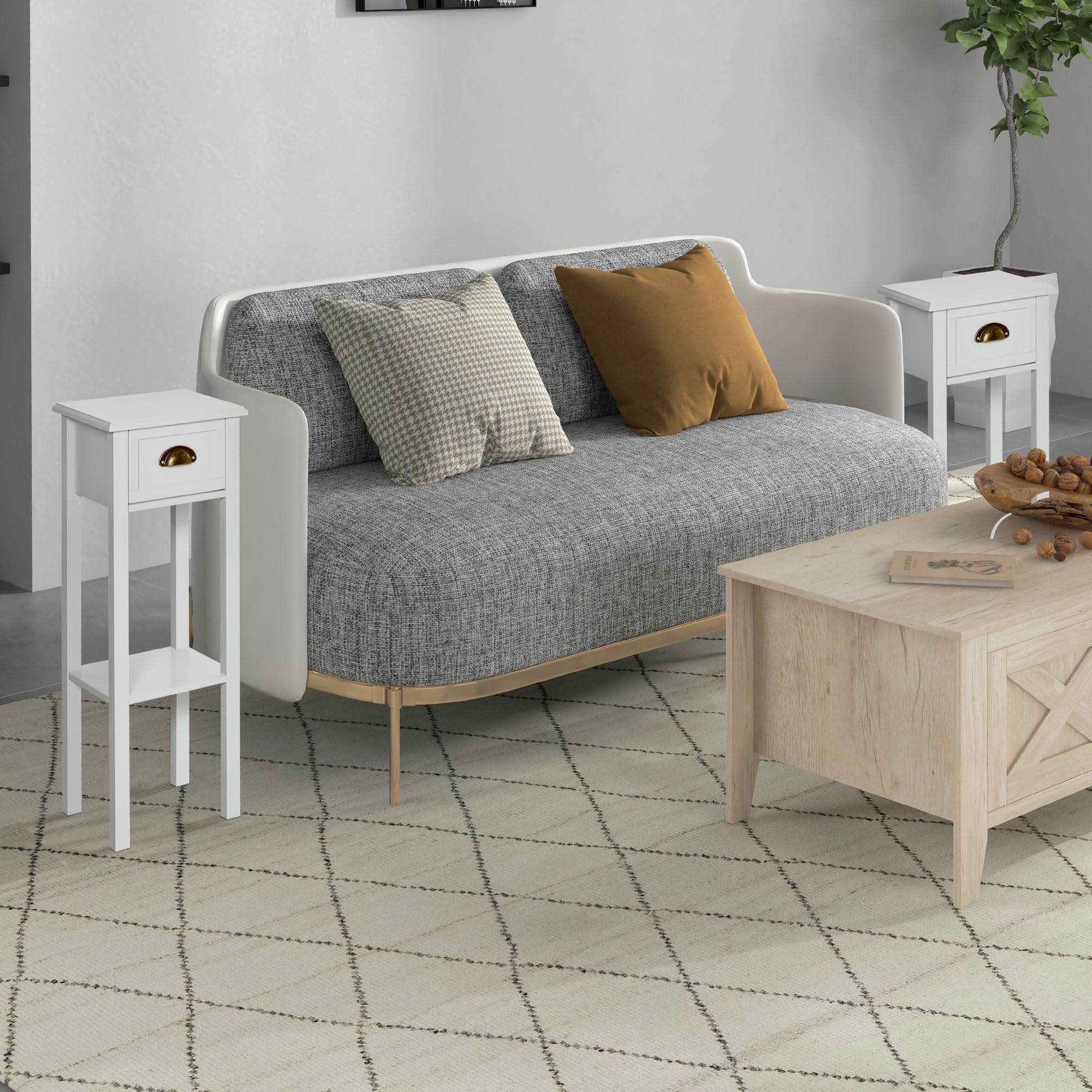 HOMCOM Conjunto de 2 Mesas Auxiliares Mesitas de Noche con Cajón y Estante de Almacenamiento Estilo Moderno para Salón Dormitorio 30x30x75 cm Blanco