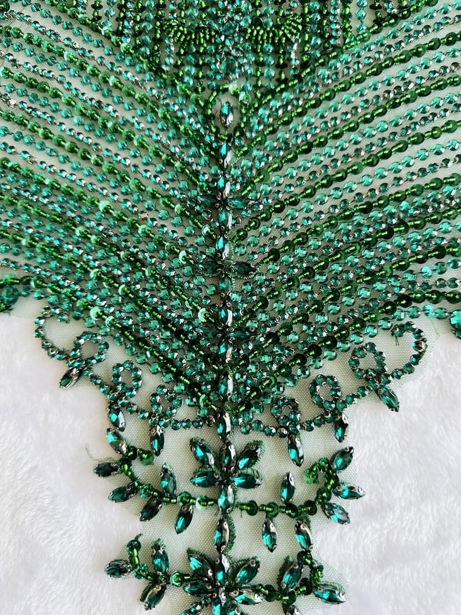 Handmade Large Beads Rhinestones lace Applique Bodice Patches Trimming sew on Sequins Stones Beads Shining Heavy Decoration for Wedding Dress (DarkGreen)