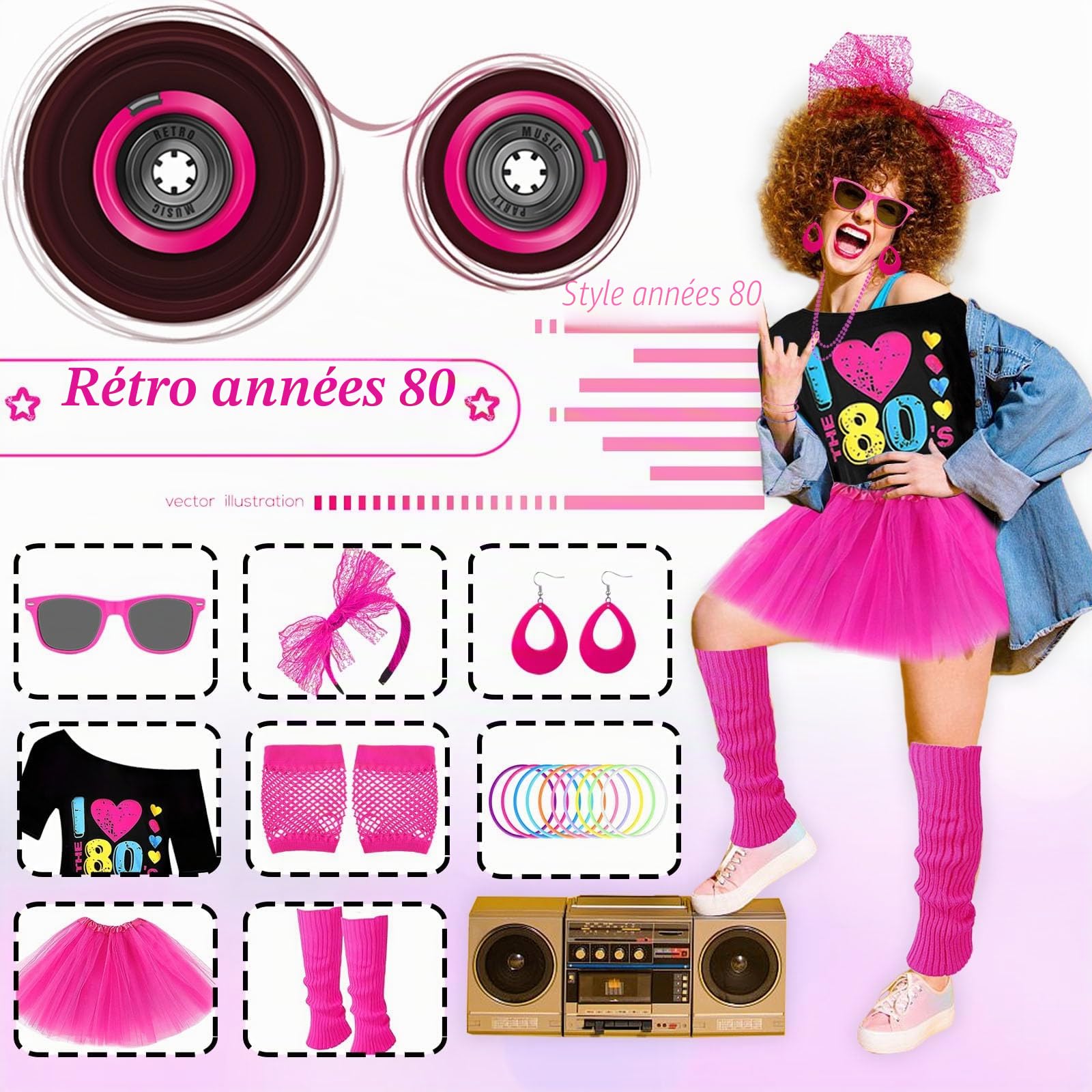 Ensemble d'accessoires de costume des années 80 pour femme avec t-shirt, jupe tutu, bandeau, boucles d'oreilles, collier, lunettes, bracelet, gants en résille et jambières pour fête rétro