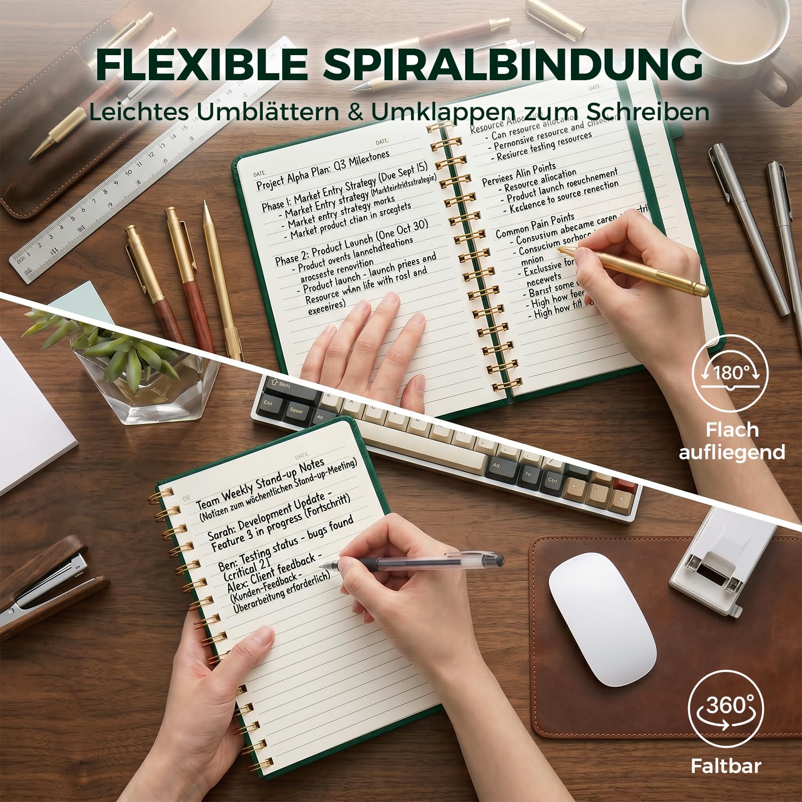 HAKACC Notatnik A4 w linie, 150 kartek/300 stron, spirala w szlachetnej imitacji skóry, twarda okładka, gramatura 80 g/m², trwały papier dla kobiet, mężczyzn, do pracy, biura, szkoły, 21 x 28 cm,
