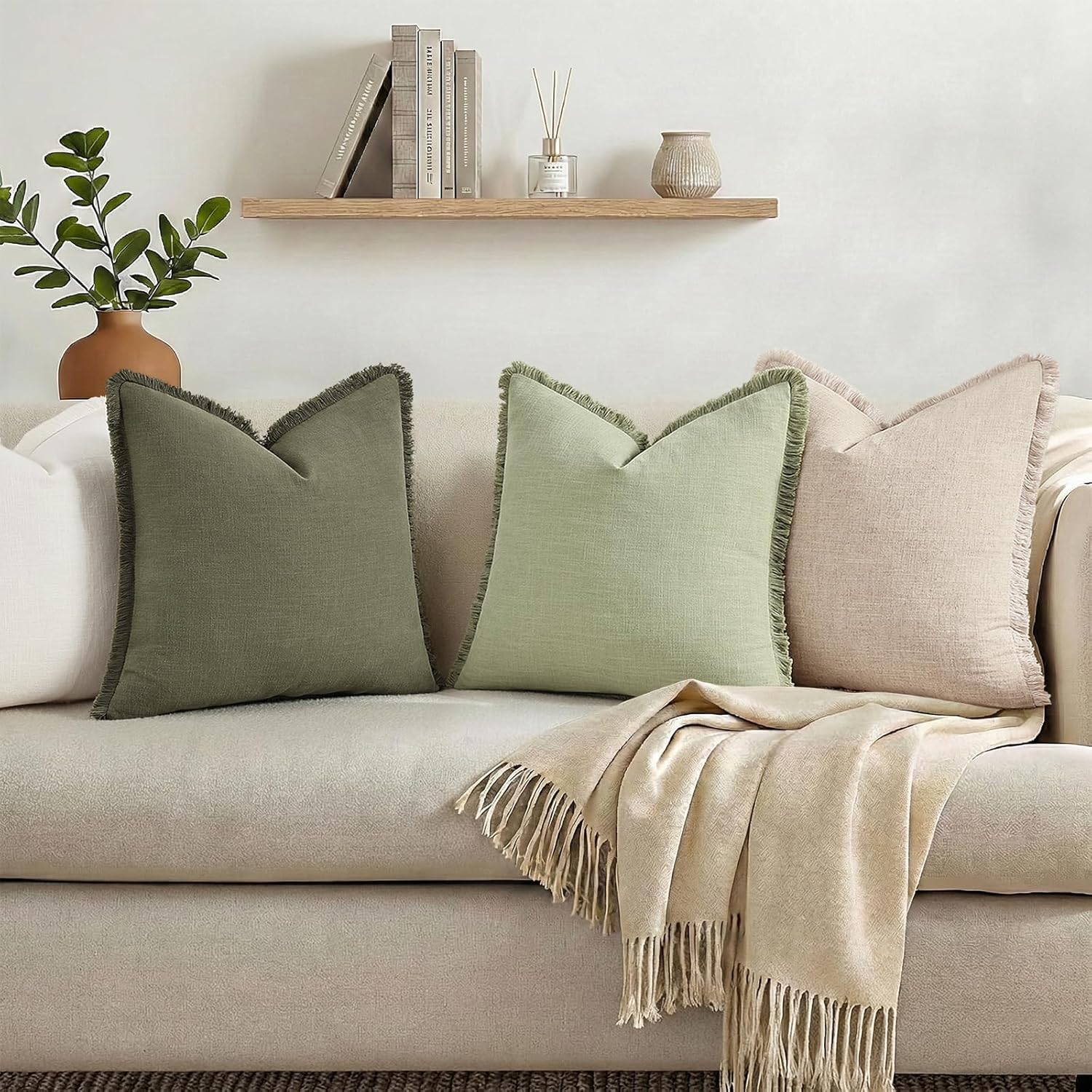 decorUhome Summer Decorative Neutral Linen Fringe Throw Pillow Covers Set of 2 Sage Green Pillow Covers with Tassels Soft Farmhouse Boho Accent Pillow Cases for Couch Bed Sofa 18x18 Inch