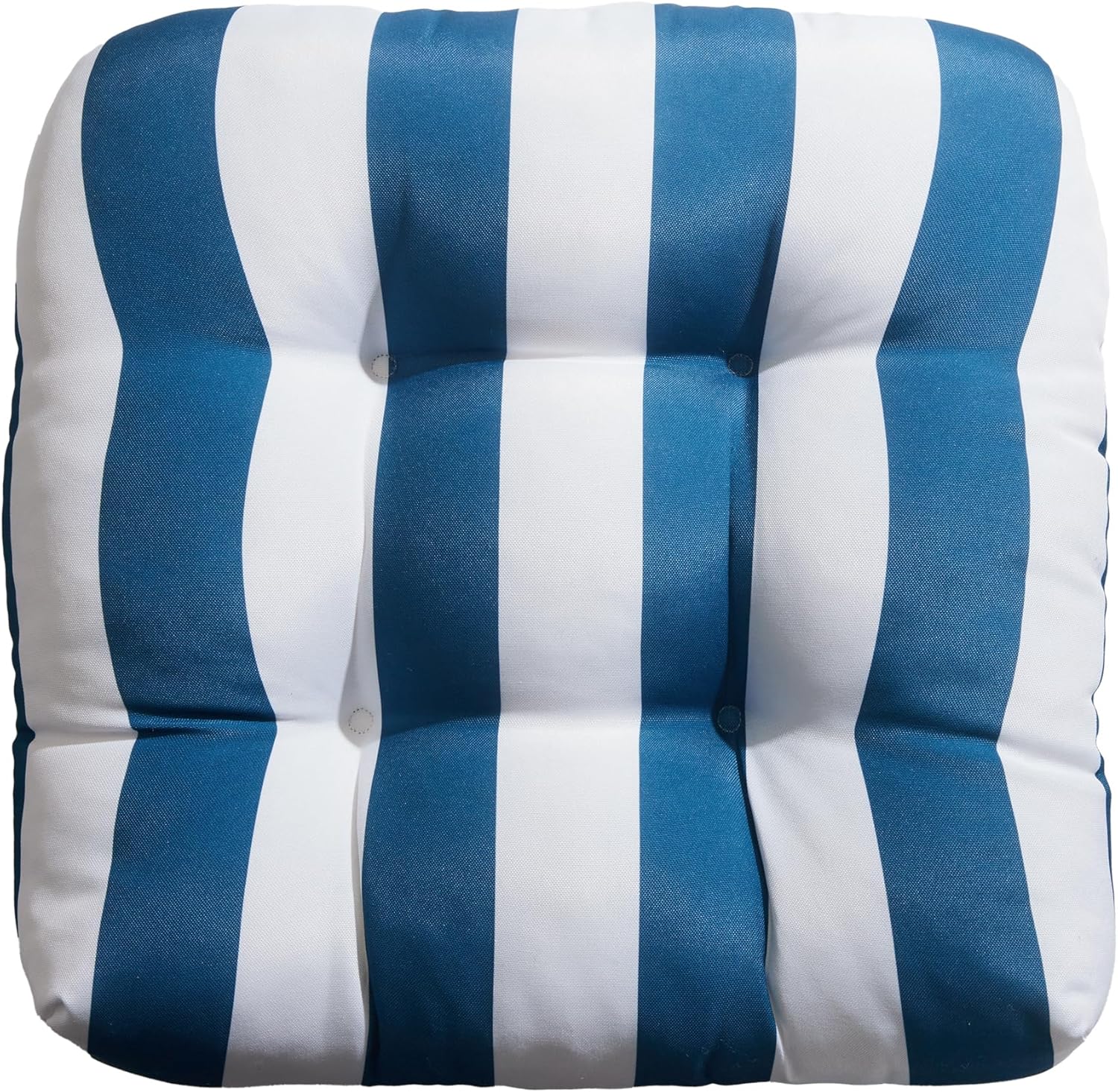 Marina Decoration Premium Thick Comfy Patio Pads Fiber Fill Tufted 19 x 19 x 4 Inch Textured Printed Cover Outdoor Indoor Chair Seat Cushions, 2 Count Pack Blue White Stripes