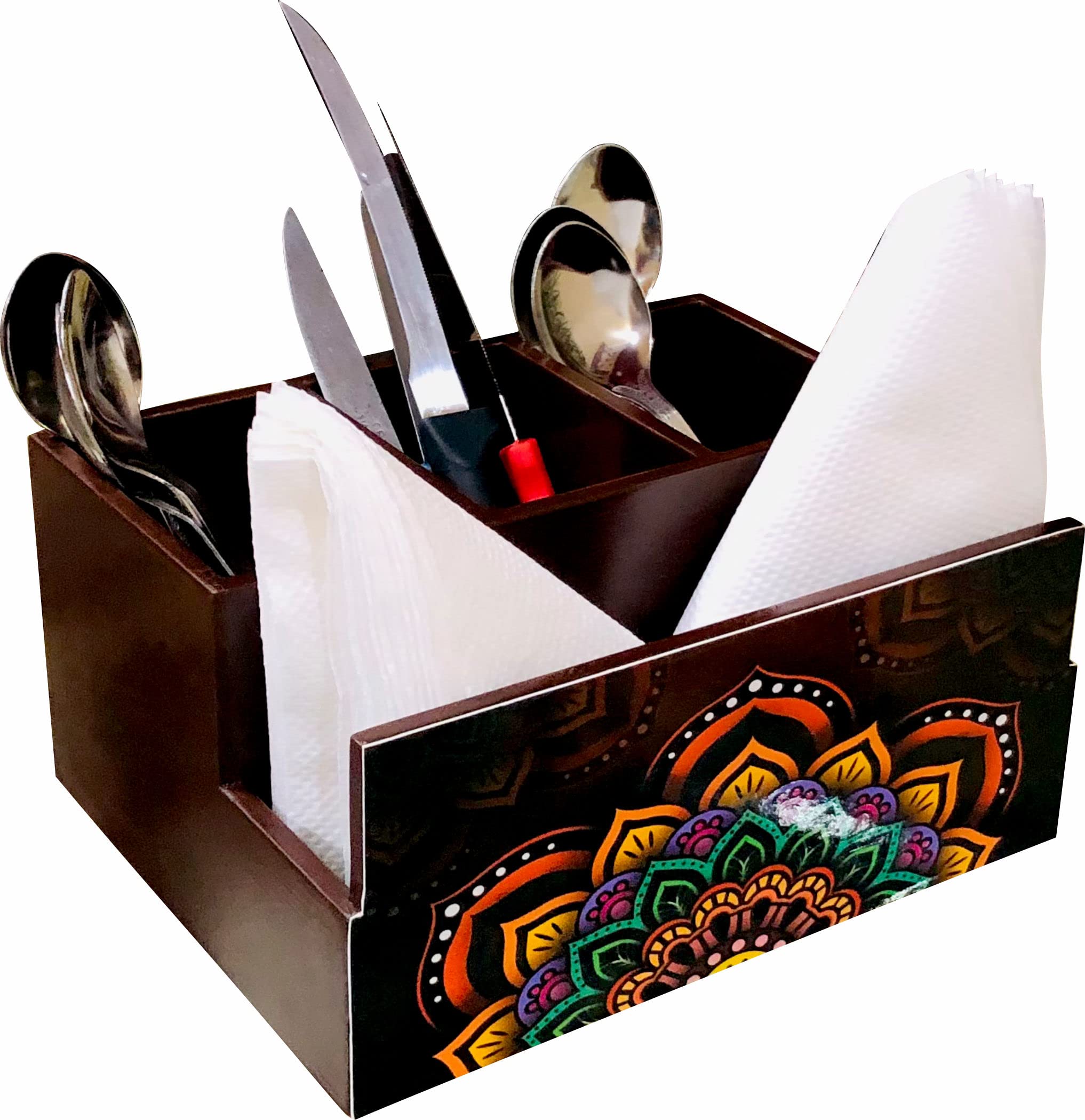 EW Wooden Tissue Cutlery Holder I Desk Supplies Pencil Pen Stationery Stand I Home & Kitchen I Countertop Organizer - Spoon Fork Knife Napkin I Size 8 X 6 X 4 (Brown Decorative)
