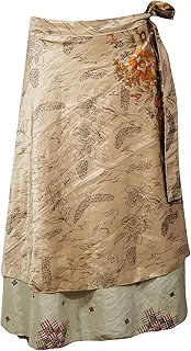 Mogul Interior Women's Wrap Skirt 2 Layer Recycled Sari Boho Chic Ibiza Reversible Dresses OneSize Beige