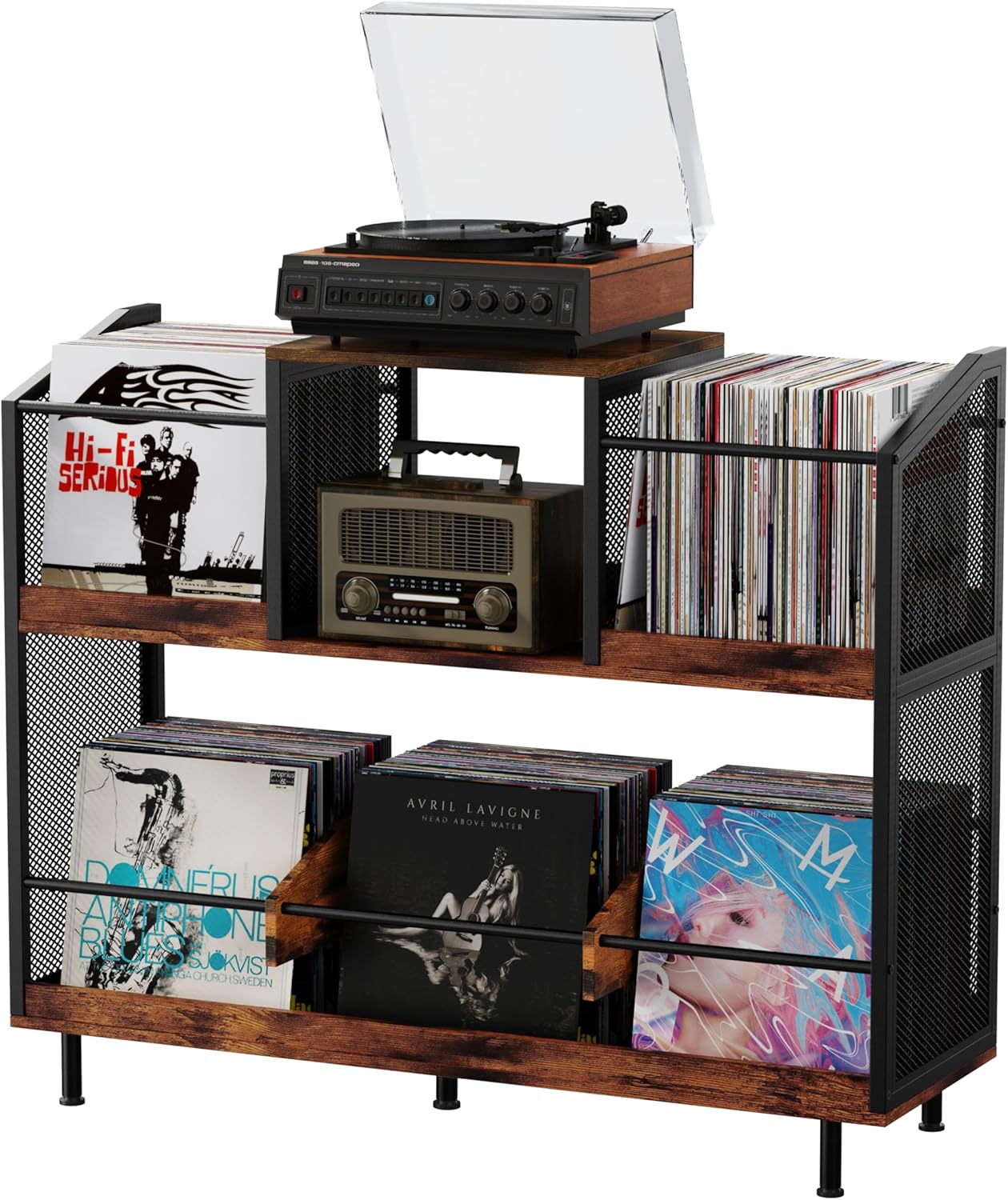 Soporte para tocadiscos con almacenamiento de vinilo con capacidad para hasta 400 álbumes, armario de mesa grande de estilo industrial con