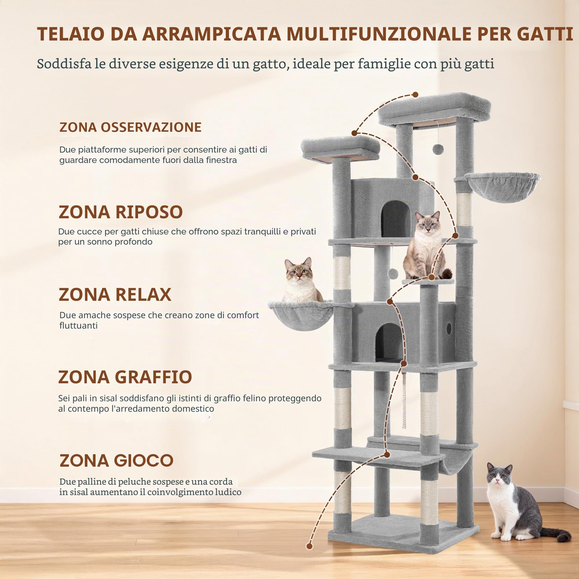 Albero Tiragraffi per Gatti, 216 cm Torre per Gatti, Grigio Chiaro