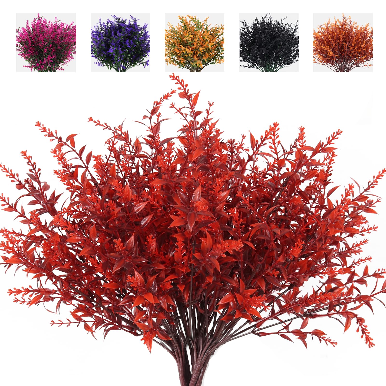 RECUTMS Artificial Greenery for Outdoors Lavender Fall Fake Plants Fake Flowers Outside UV Resistant Faux Greenery Artificial Plants Faux Flowers for Fall Wedding Yard Autumn Decor 8Pcs (Wine Red)