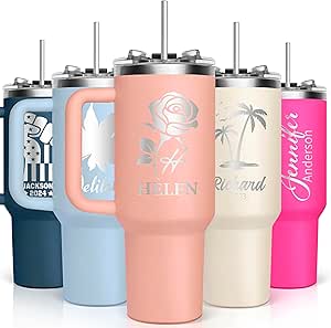 Tumbler personnalisé, 40 oz avec poignée et couvercle, paille incluse, Tumbler en acier inoxydable personnalisé pour café, Meilleurs cadeaux pour elle et lui, Tumbler isotherme avec nom, Cadeaux de Noël et d'anniversaire
