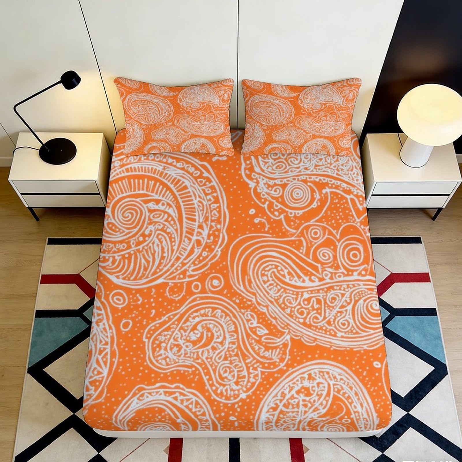 3D Printed Orange Paisley Fitted Sheet Microfiber Soft Breathable White Pattern Bed Cover for Bedroom Dormitory Guest Room Mattress Protection 160x200x25cm