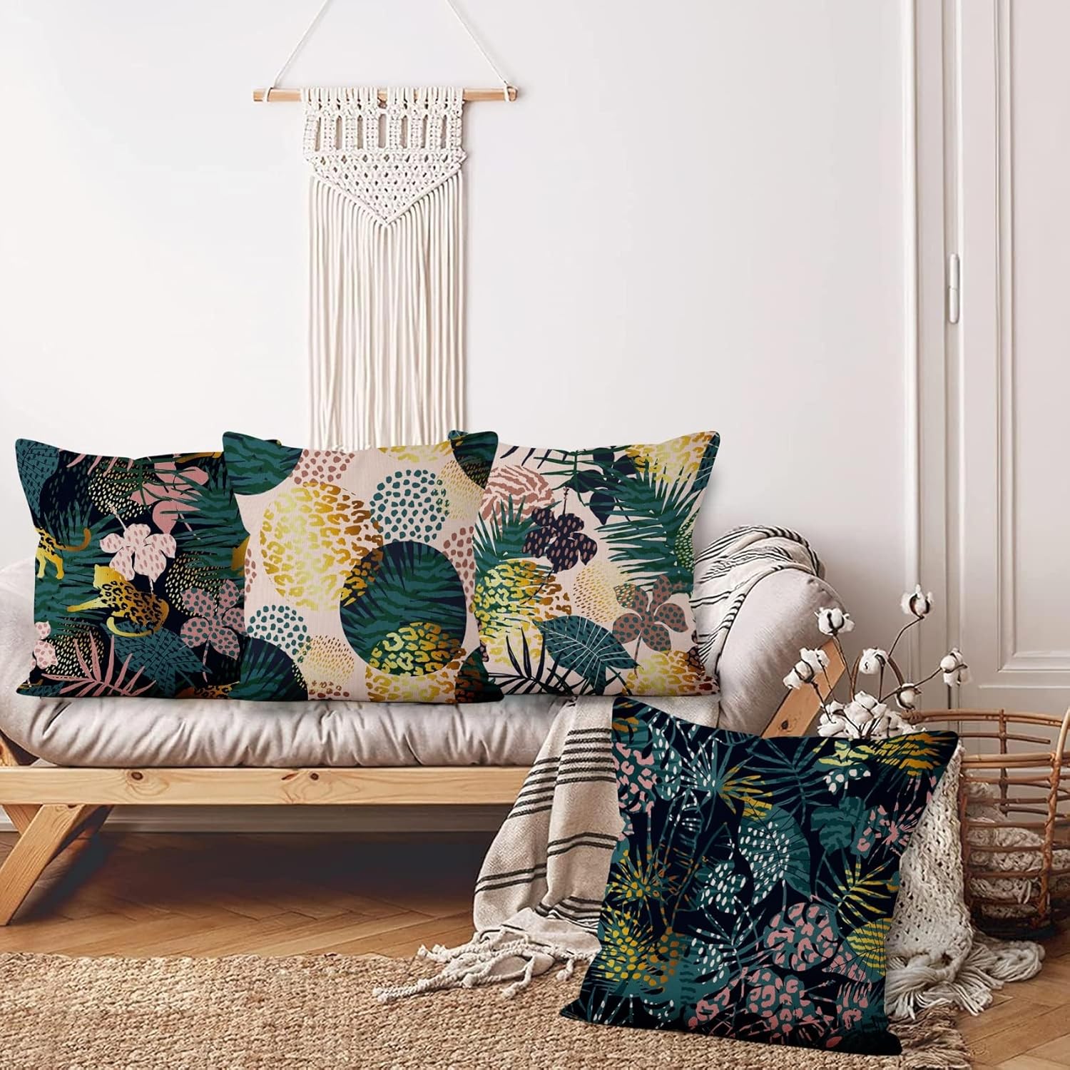 4 Pcs/Set Plants Pillow Covers Summer Tropical Plants Palm Leaf Flowers Leaves Geometric Lines Watercolor Botanical Linen Cushion Case for Outdoor Couch Sofa Bedroom Decor, 20"x20"