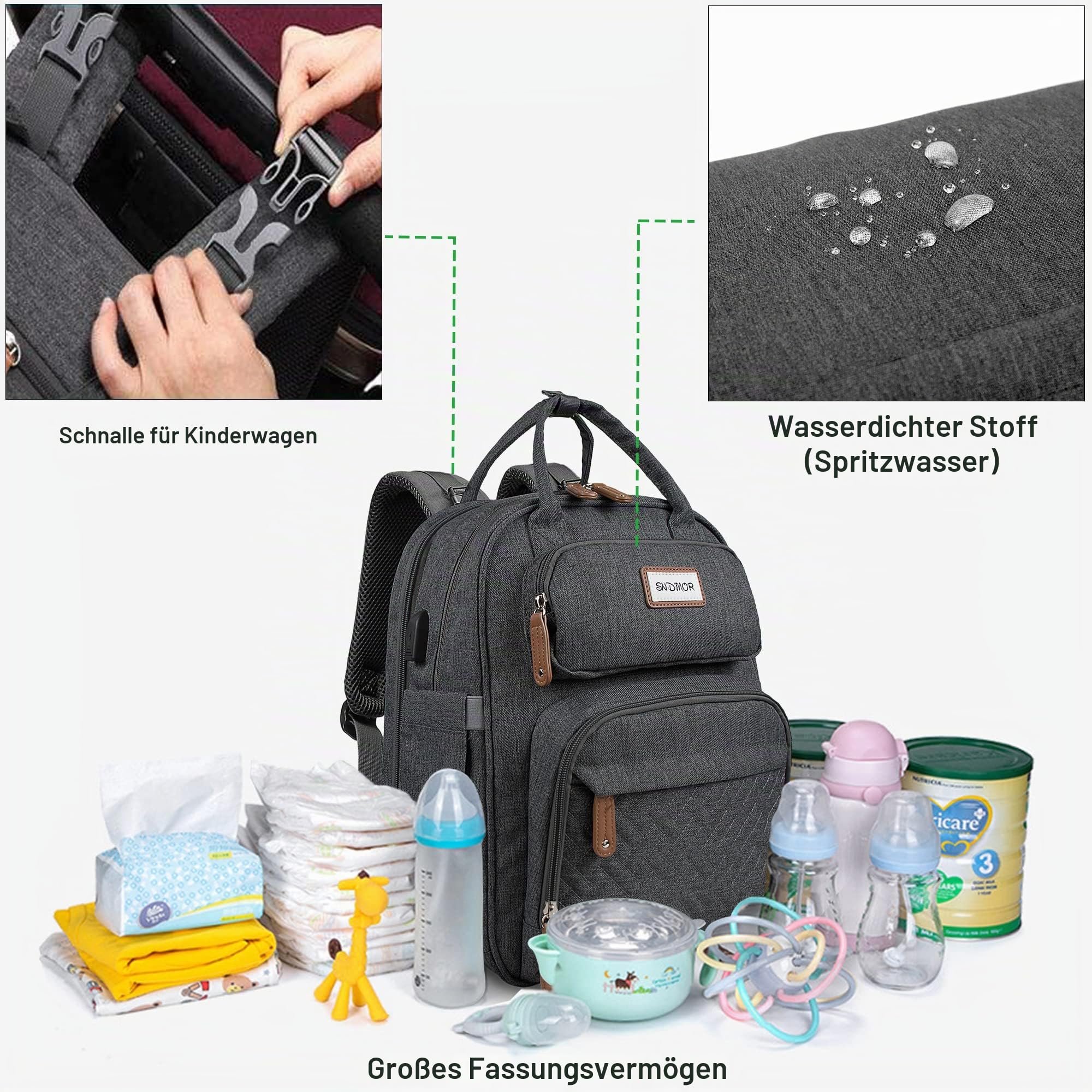 SNDMOR Wickeltasche Rucksack, Baby Wickeltasche mit Wickelstation, Große Unisex Babytasche mit Wickelunterlage, Großes Fassungsvermögen, Wasserdicht und Stylisch (Dunkelgrau)