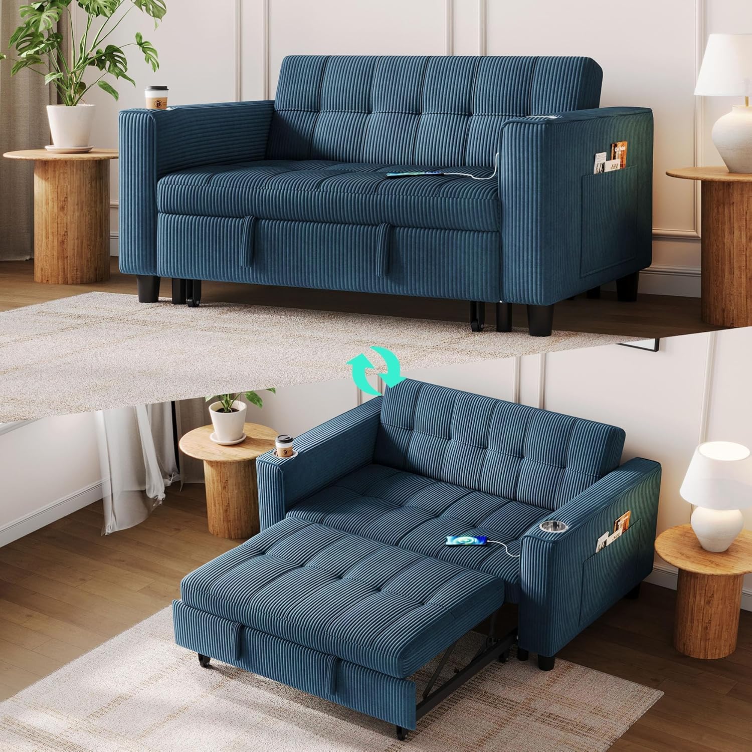 linsy sleeper sofa bed, 54" pull out couch with charging station & cup holder, small 3 in 1 convertible loveseat sleeper couch for apartment, dorm room, bedroom and small space(corduroy blue)