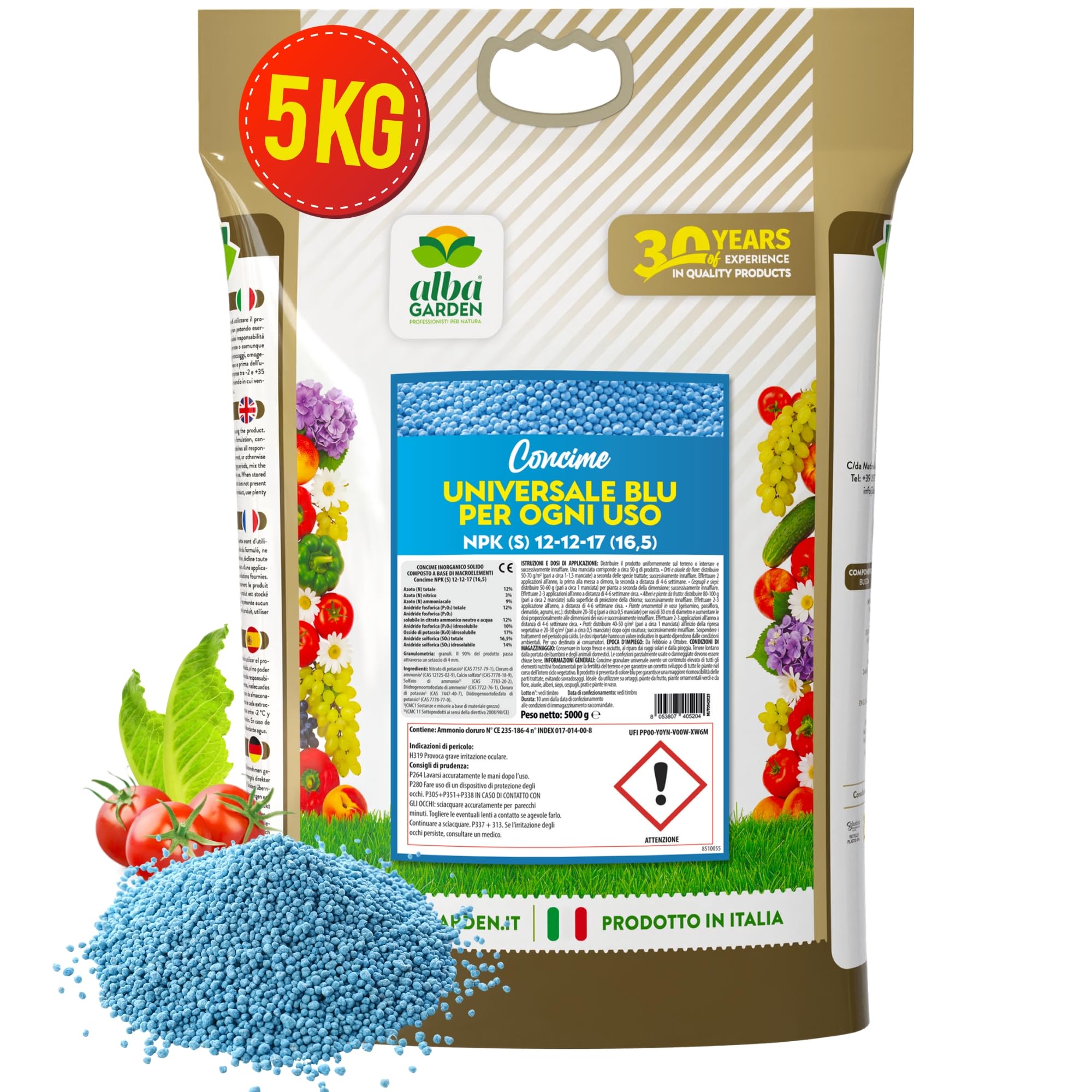 Albagarden - Concime Piante Universale Blu Granulare - MAXI 5 KG - Per Ortaggi, Piante Da Frutto e Fiori