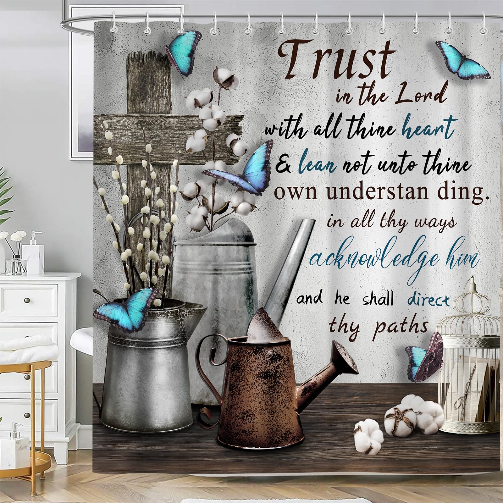 Sokdcam Rustic Farmhouse Shower Curtain, Bible Verse Inspirational Quotes Country Farm Bath Curtains, Grey Vintage Waterproof Fabric Bathroom Decor