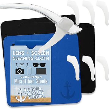 Anchor Glasses Grips 3 Pack, Clear + Glasses Cleaning Cloth 3 Pack 2 Black, 1 Blue - Anti-Slip Eyeglasses Grip Ear Hook - Ultra Soft Premium Microfiber Lens Cloths for Eyeglasses