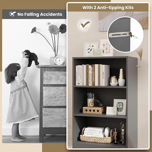 Miniatura 5 de Tangkula Estantería de 3 niveles con cajón, estantería independiente de 48 pulgadas de alto con 3 estantes abiertos y 1 cajón, dispositivos