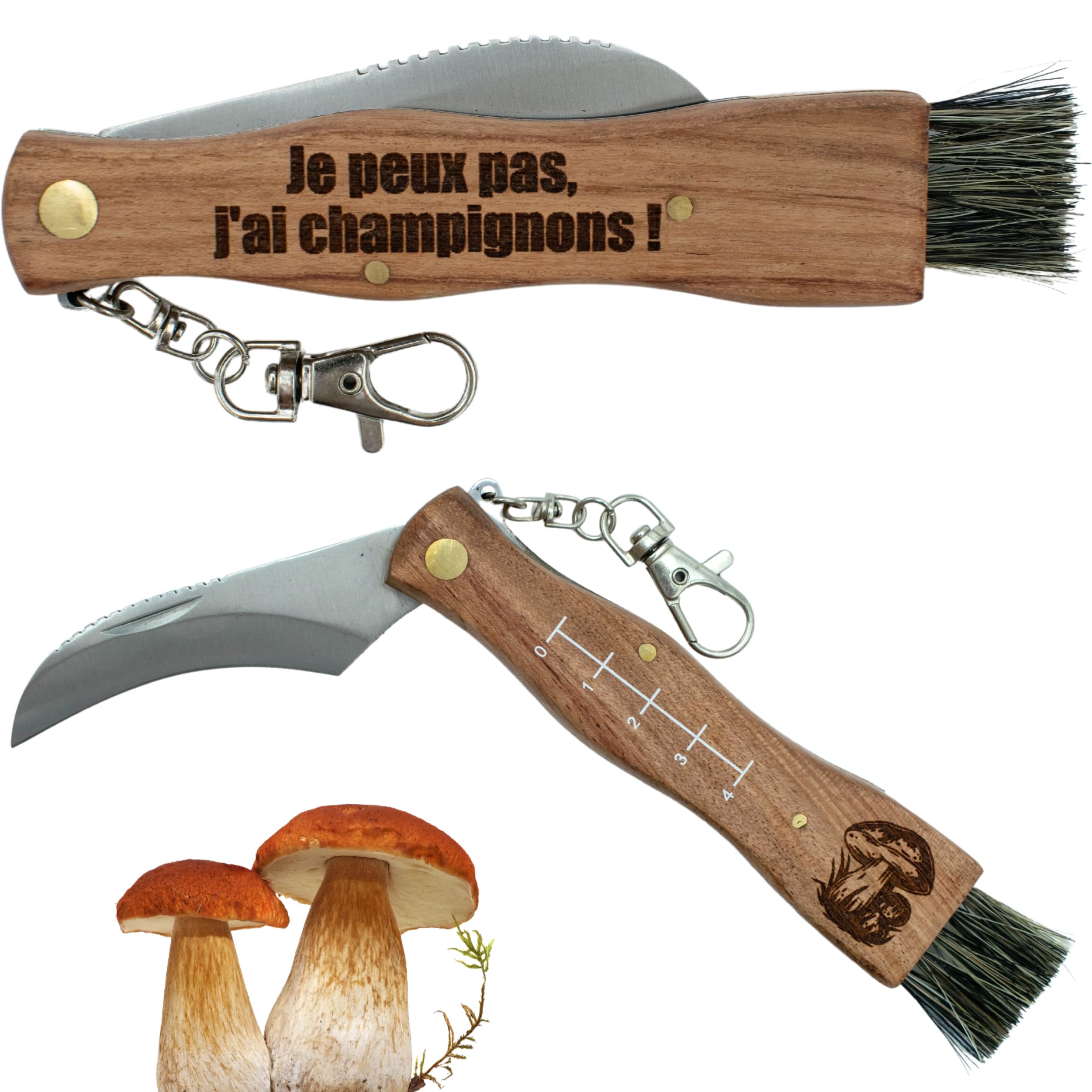 4 Pièces Couteau à Champignons Pliable - Lame Courbée Acier Inox, Avec Brosse, Règle Et Sac, Pour Randonnée Et Mycologie