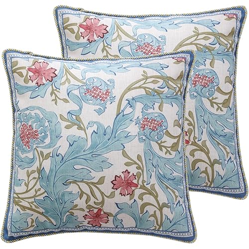 patdrea Designer Throw Pillow Covers for Couch 18"x18",Vintage French Linen Pillows Cover with Blue Floral Pattern,Fall Luxury Farmhouse Decorative Pillowcases for Bed Living Room Outdoor Set of 2