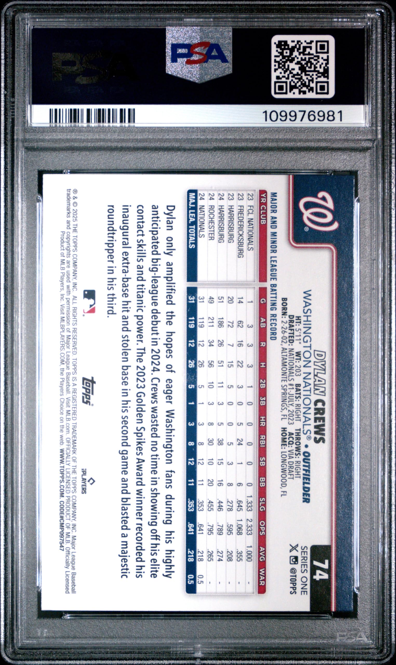 Amazon.com: Graded 2025 Topps Dylan Crews #74 Rookie RC Baseball